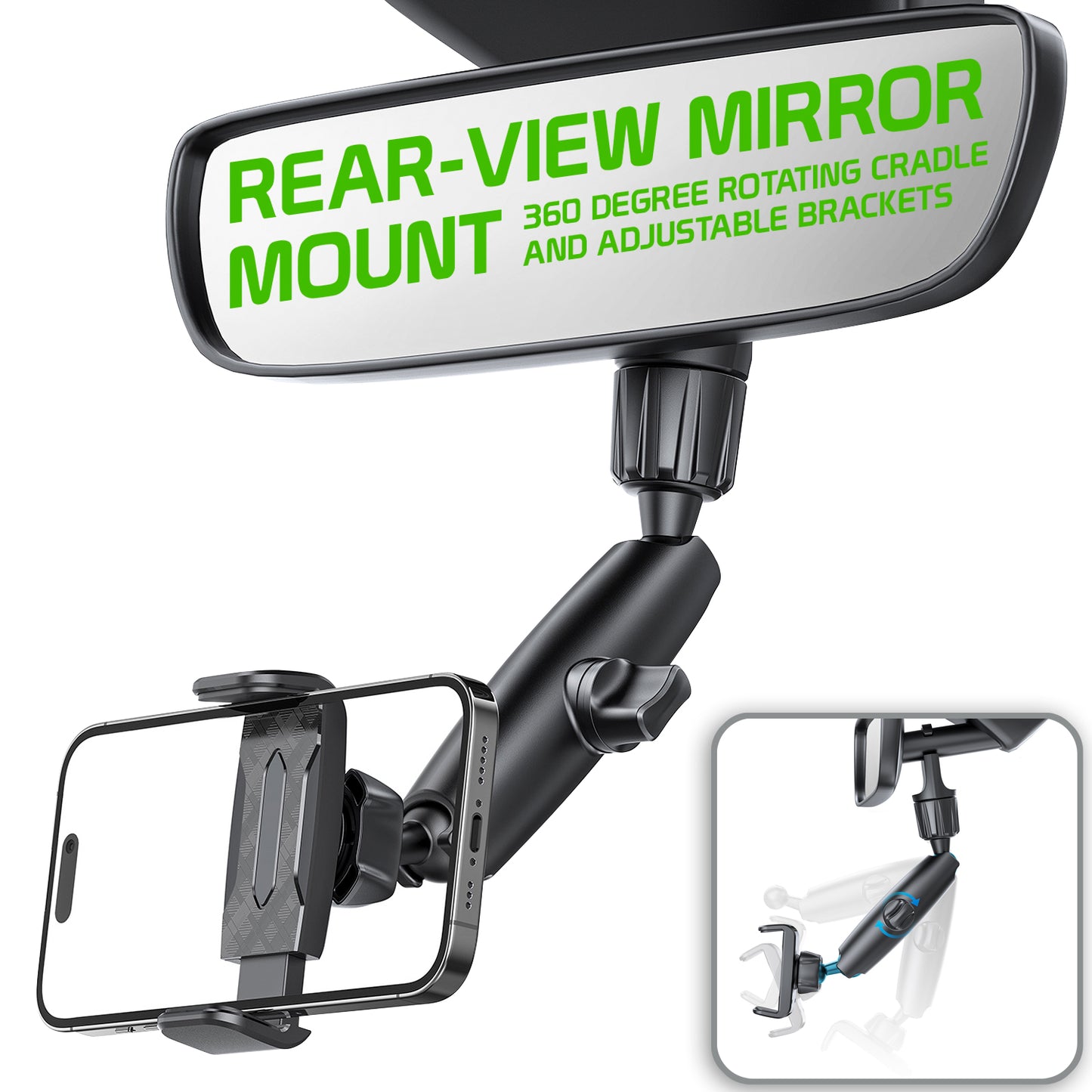 PHMIR4 - Cellet Rear-View Mirror Mount, Universal Rear-View Mirror Mount with 360° Rotating Cradle Compatible with iPhone 14 Pro Max Plus 13, Galaxy Z Fold, Z Flip, S23, Google Pixel Moto