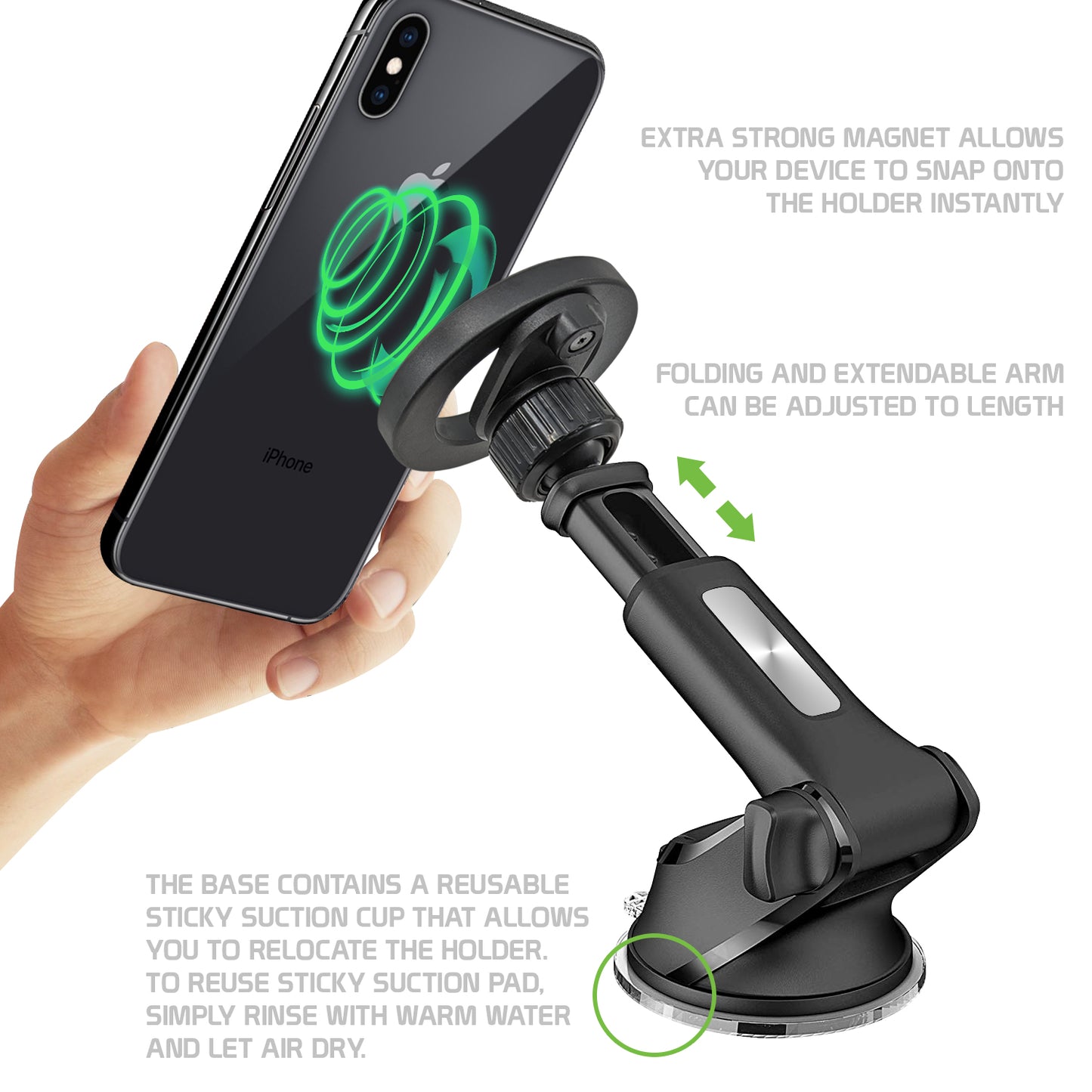 Magnetic Car Dashboard & Windshield Phone Holder Mount, 360 Rotation, Extendable Arm