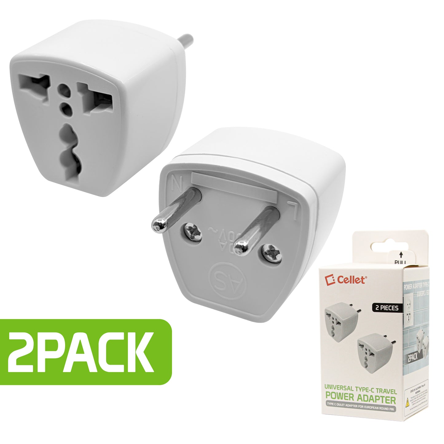 CNFPINCEU - Cellet Universal Travel AC Wall Power Adapter to Convert USA, China, UK, AU, & other Plugs to EU Plug Socket (2-PACK)