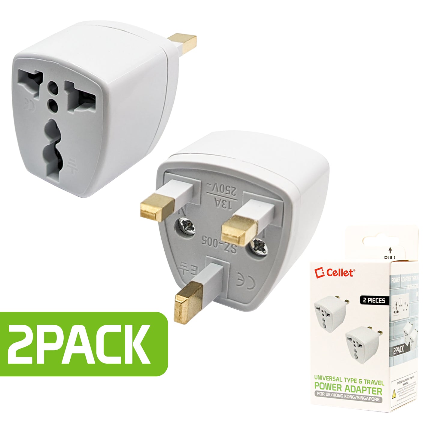 CNFPINGUK - Cellet Universal Travel AC Wall Power Adapter to Convert USA, China, AU, EU & other Plugs to UK/Hong Kong/Singapore Plug Socket (2-PACK)