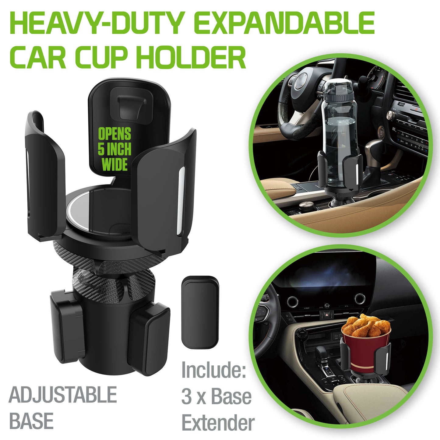 PHCUP1 - Heavy-Duty Expandable Car Cup Holder & Organizer - Universal Fit for Large Bottles, Coffee Mugs, Phones, Food - Adjustable Base & 3 Base Extenders - Car Interior Accessories for SUV, Truck, Sedan