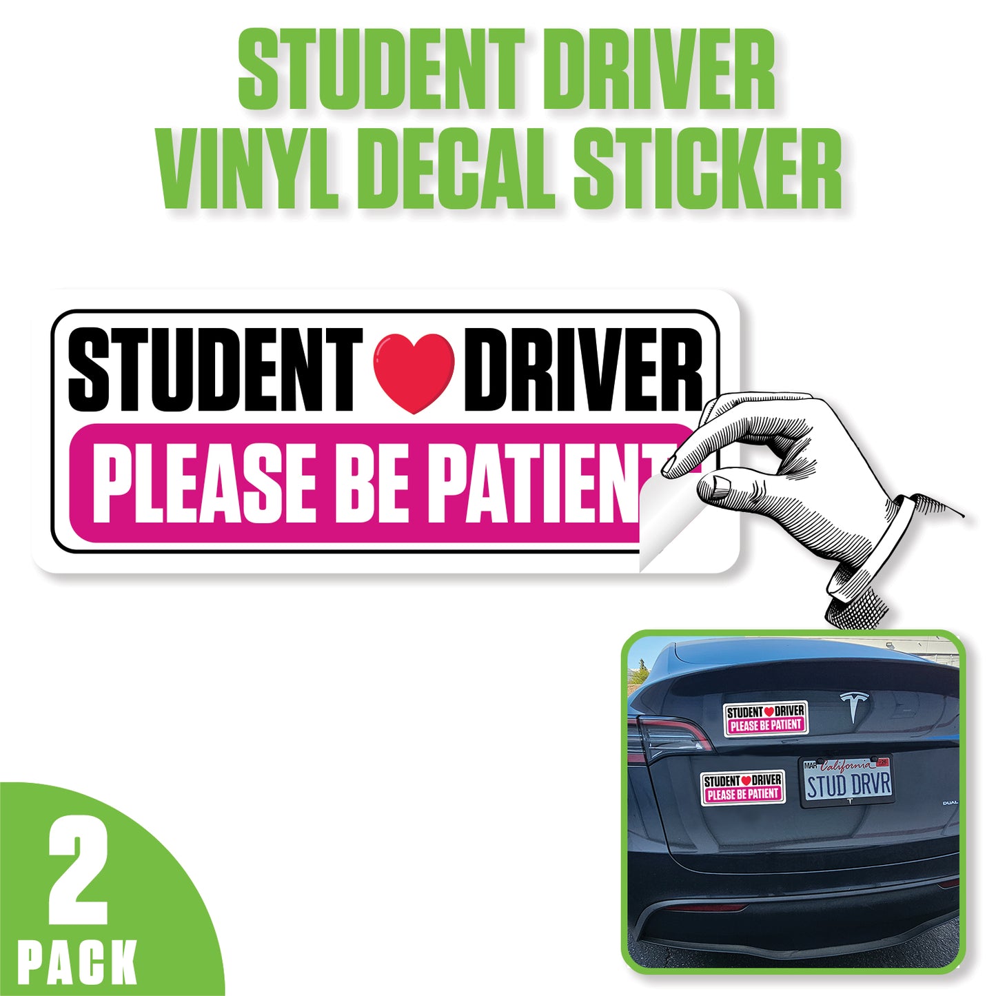 SKSDPK - Student Driver Vinyl Decal Sticker – 2 Pack (10" x 4") – Weatherproof, Easy-Remove – "Please Be Patient" Safety Sign – Made in USA