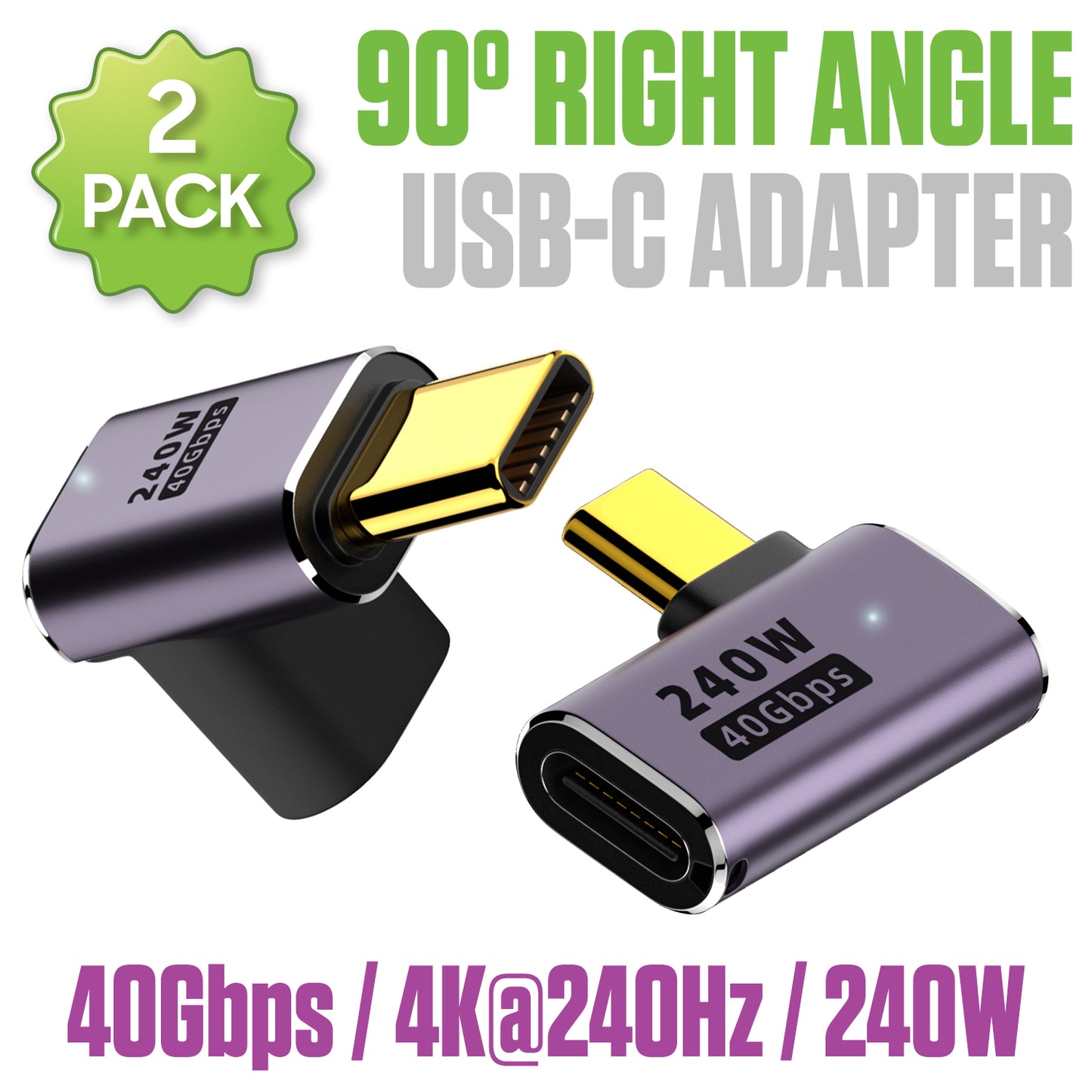 DCCADT - Cellet 90° Right Angle USB-C Adapter (2-Pack), 240W PD Fast Charging, 40Gbps Data Transfer, 4K@240Hz Video Output, USB4/Thunderbolt 3 & 4 Compatible, USB-C Male to Female Connector
