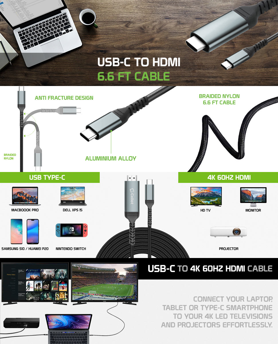 DCHDMI6 - Cellet USB-C to HDMI Cable 6.6FT – 4K 60Hz High-Speed Braided Cord – Compatible with MacBook Pro/Air, iPad Pro, iPhone 16, Samsung, Dell XPS, Chromebook, Nintendo Switch, and More