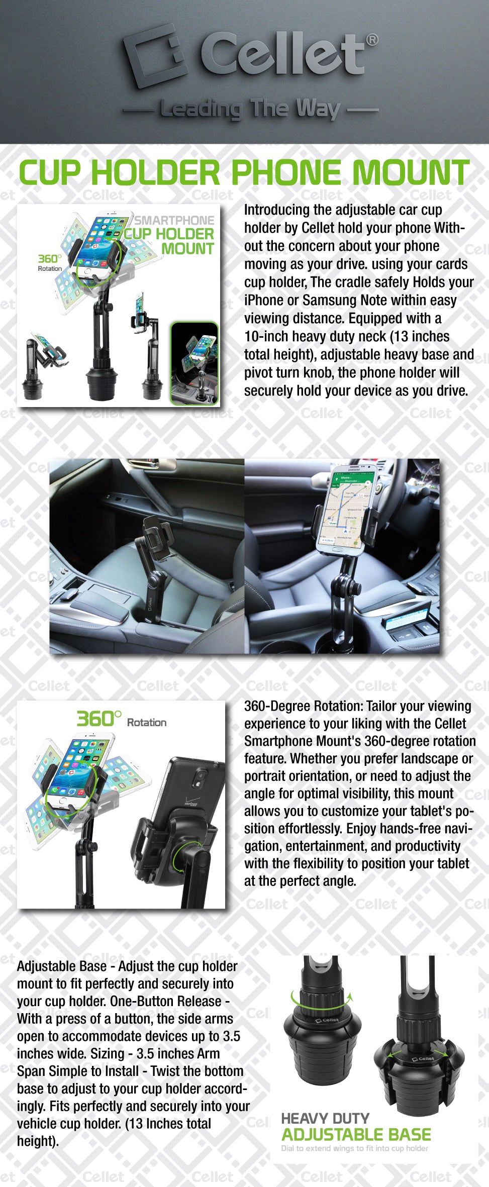 Cellet PH650 Car Cup Holder Smartphone Mount, Durable Adjustable Phone Cradle
