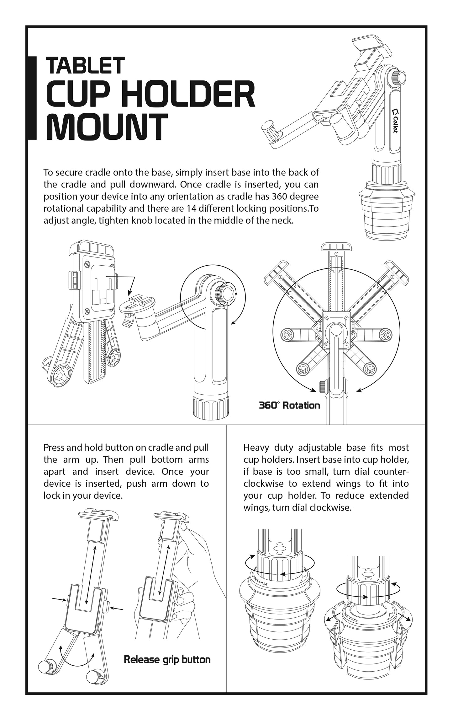 PHC670M - Cellet Tablet Cup Holder Mount with 360 Degree Rotation (Fits Most Tablets up to 9.5-inch Wide)