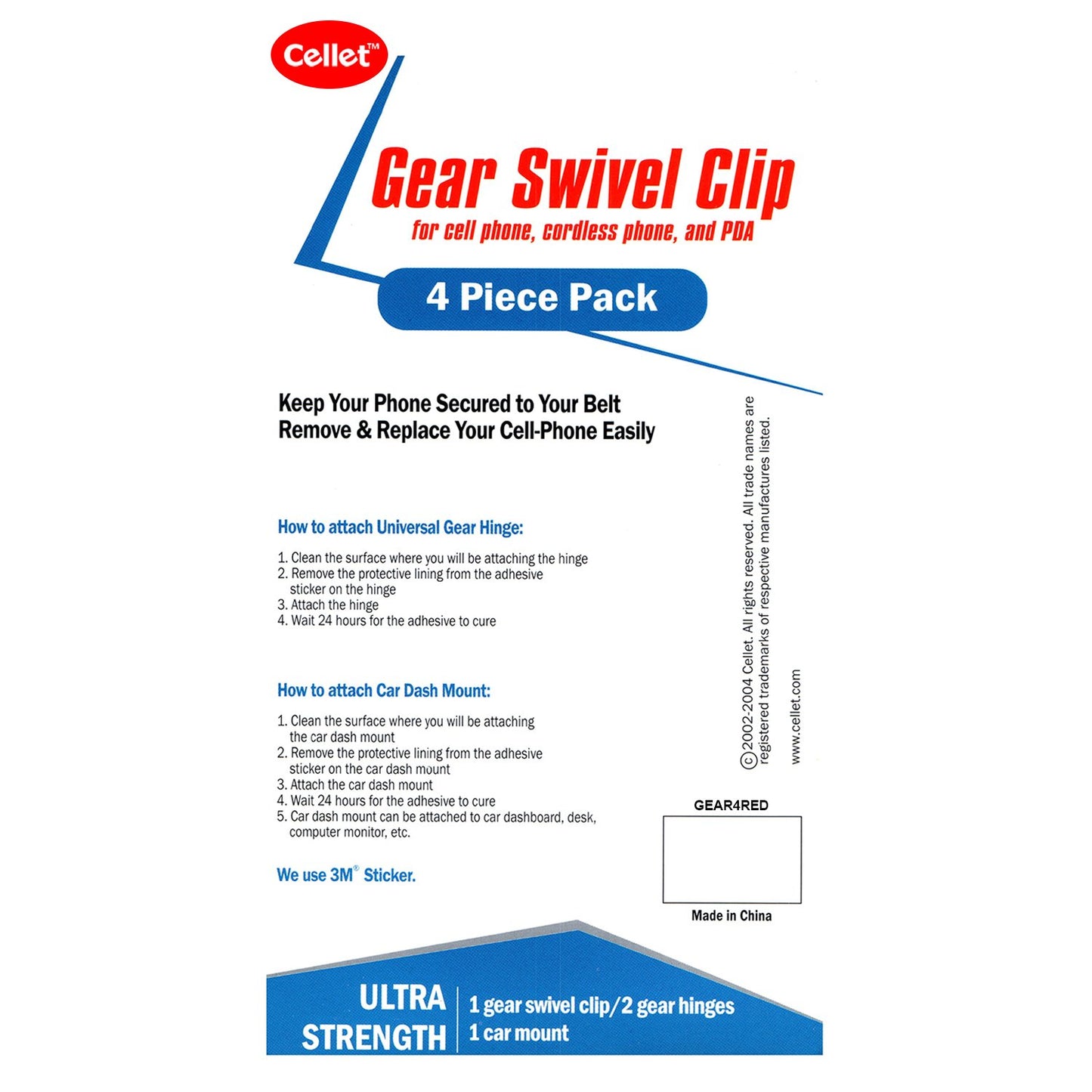 GEAR4RED - Cellet Red Universal Swivel 4PC Gear Clip (4 in 1) - Sealed Clamshell Package