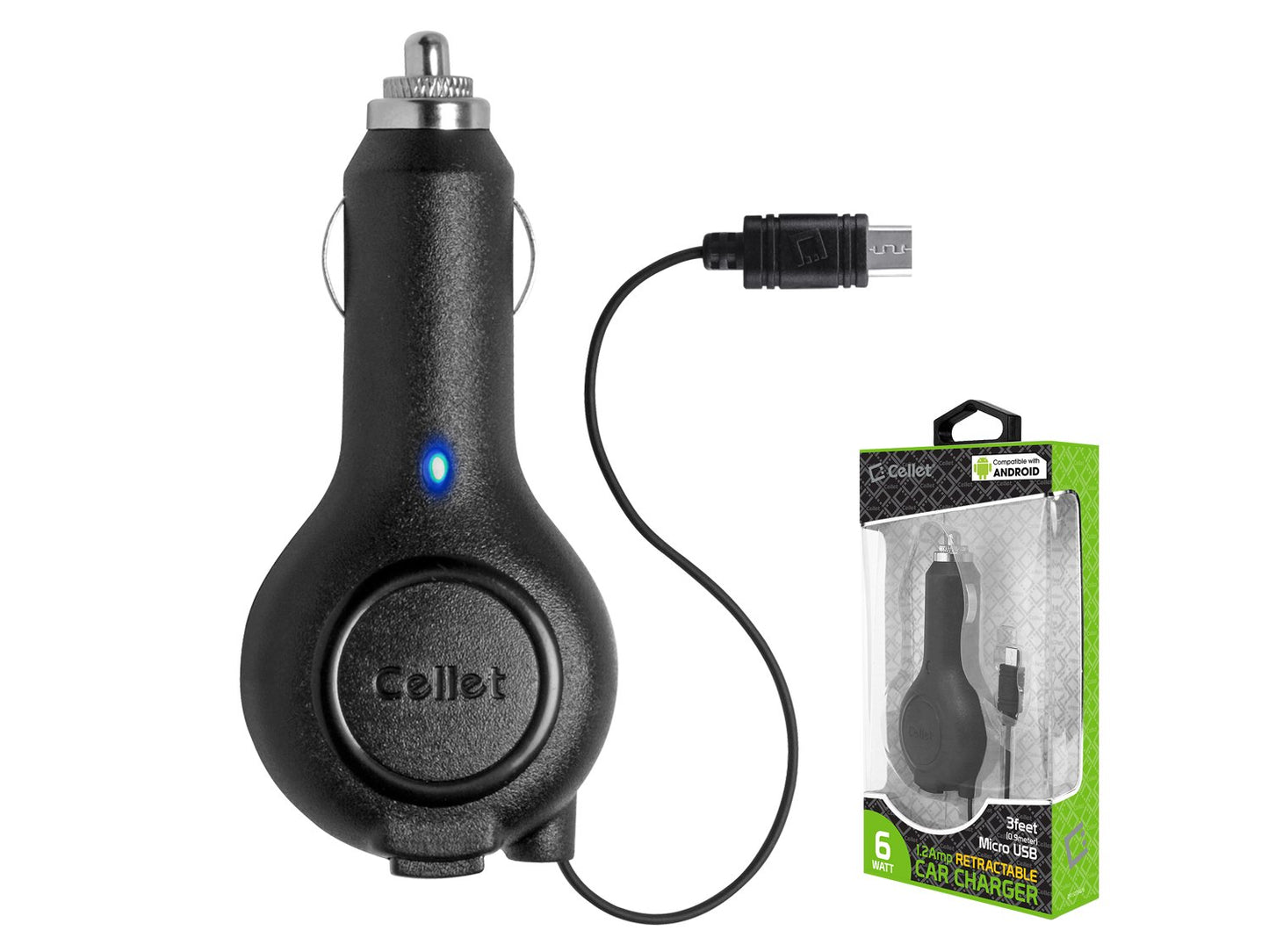 PMOTQ9RB - Cellet Compact Micro USB Retractable Plug in Car Charger