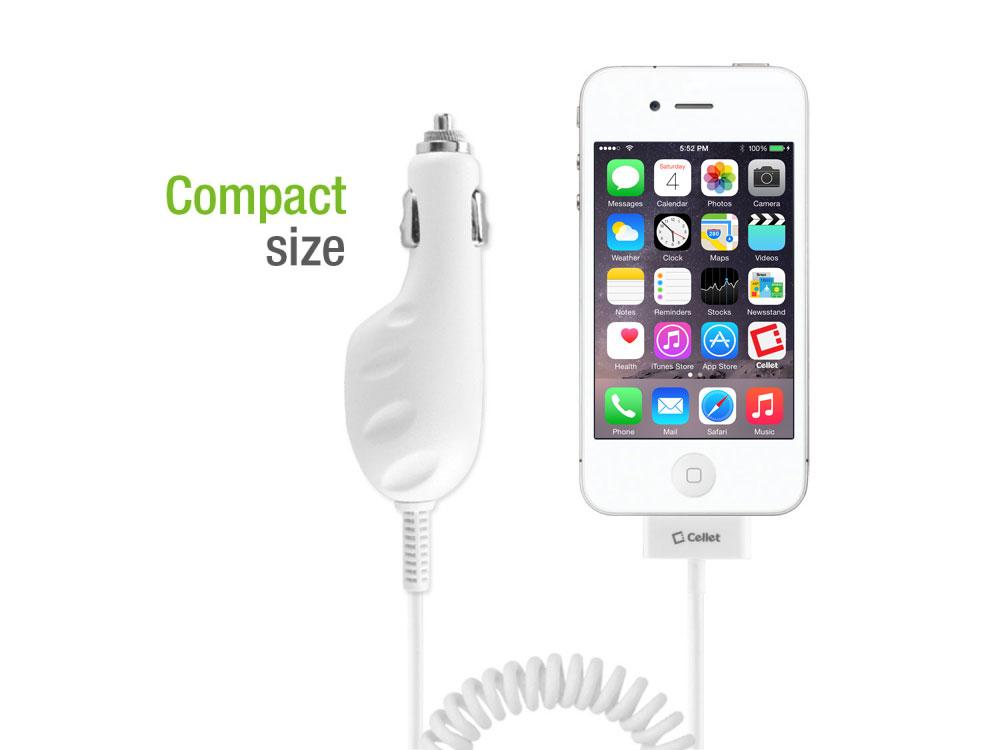 PIPHGW - Cellet White Premium Plug in Car Charger with Blue LED For Apple iPhone 4, 3GS, 3G, iPod Touch, & Nano (Made for iPhone, Licensed By Apple)