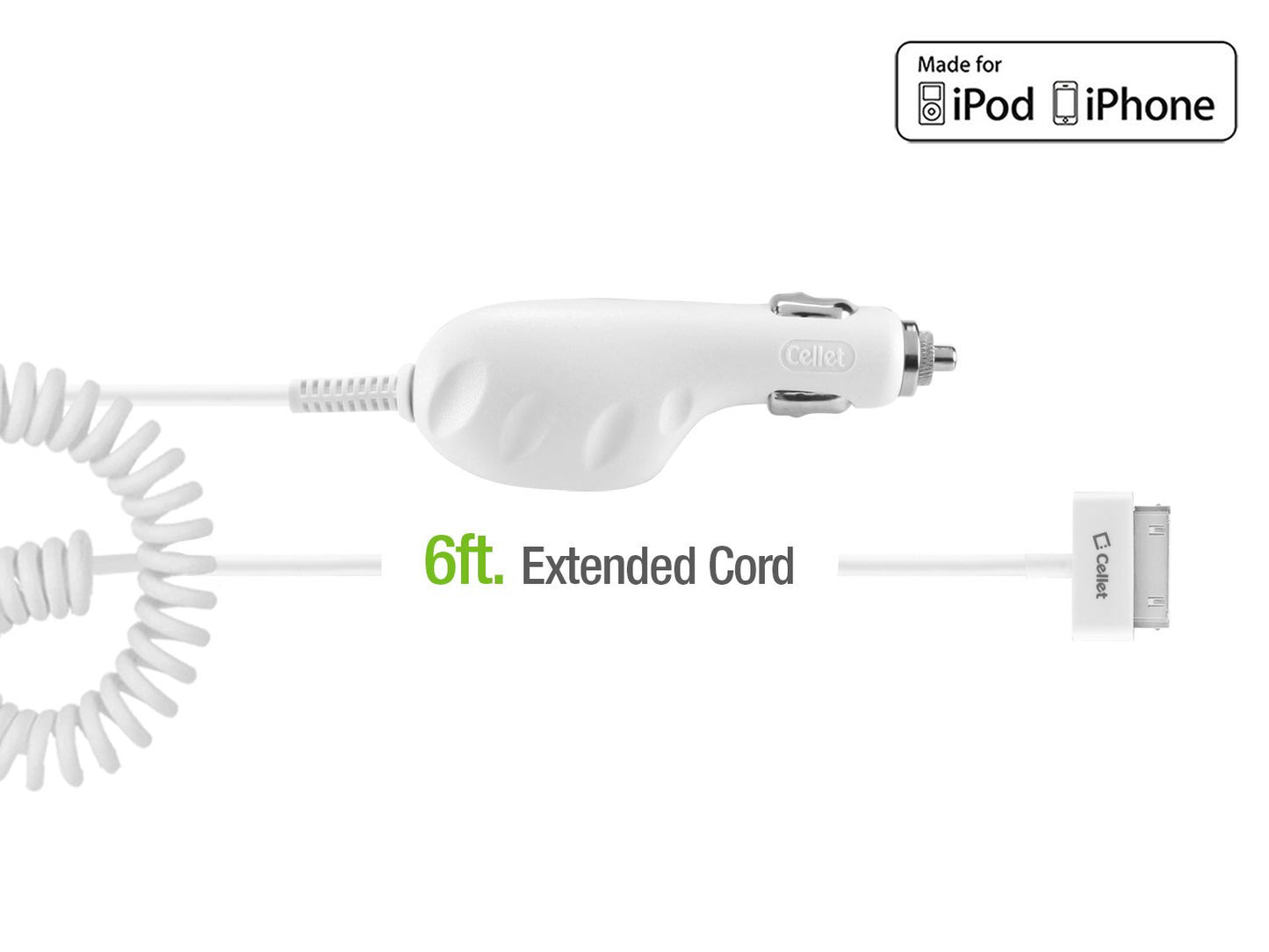 PIPHGW - Cellet White Premium Plug in Car Charger with Blue LED For Apple iPhone 4, 3GS, 3G, iPod Touch, & Nano (Made for iPhone, Licensed By Apple)