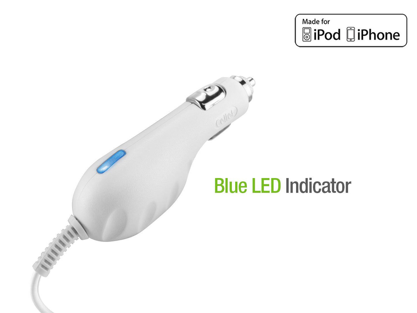 PIPHGW - Cellet White Premium Plug in Car Charger with Blue LED For Apple iPhone 4, 3GS, 3G, iPod Touch, & Nano (Made for iPhone, Licensed By Apple)