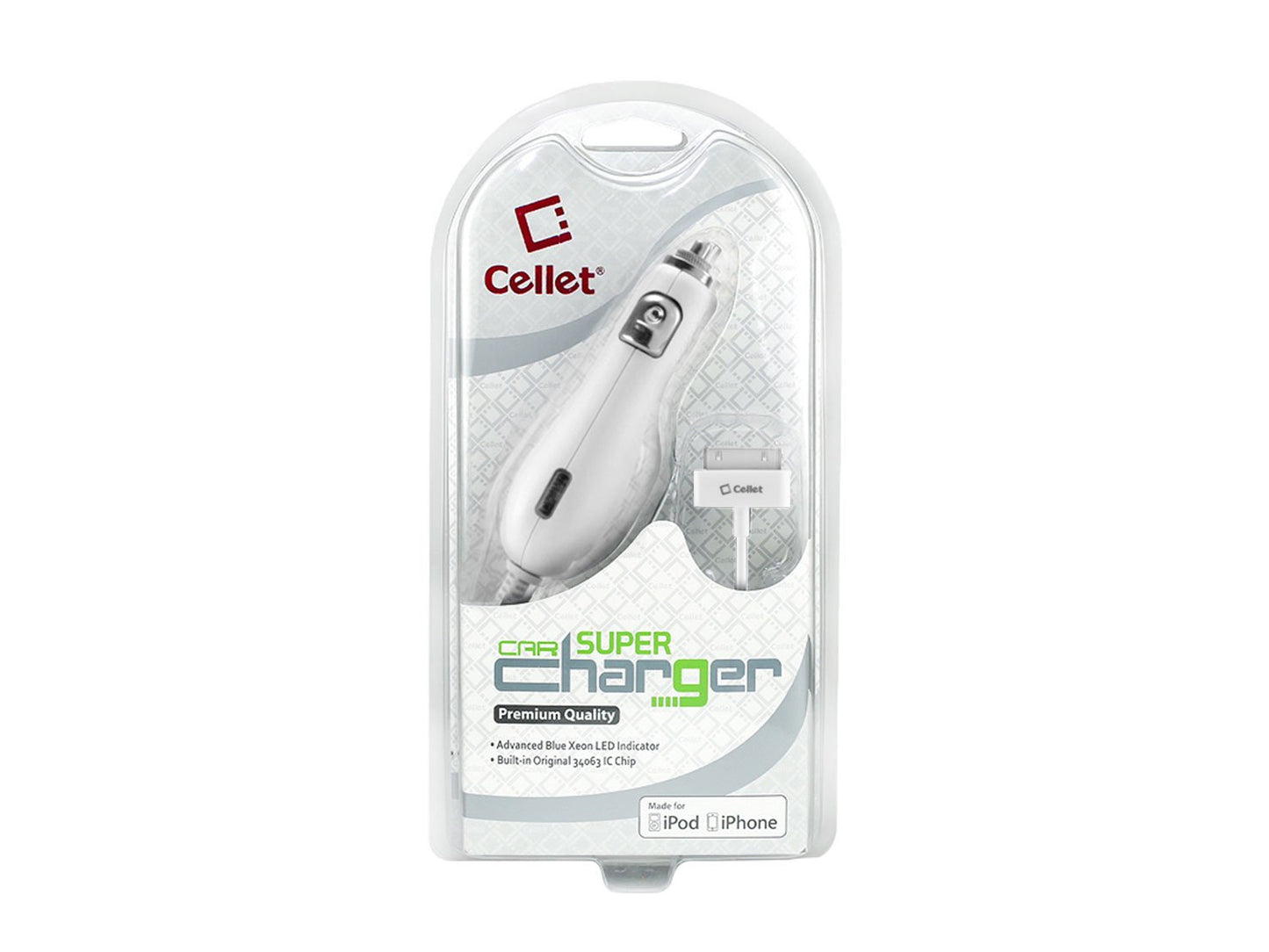 PIPHGW - Cellet White Premium Plug in Car Charger with Blue LED For Apple iPhone 4, 3GS, 3G, iPod Touch, & Nano (Made for iPhone, Licensed By Apple)