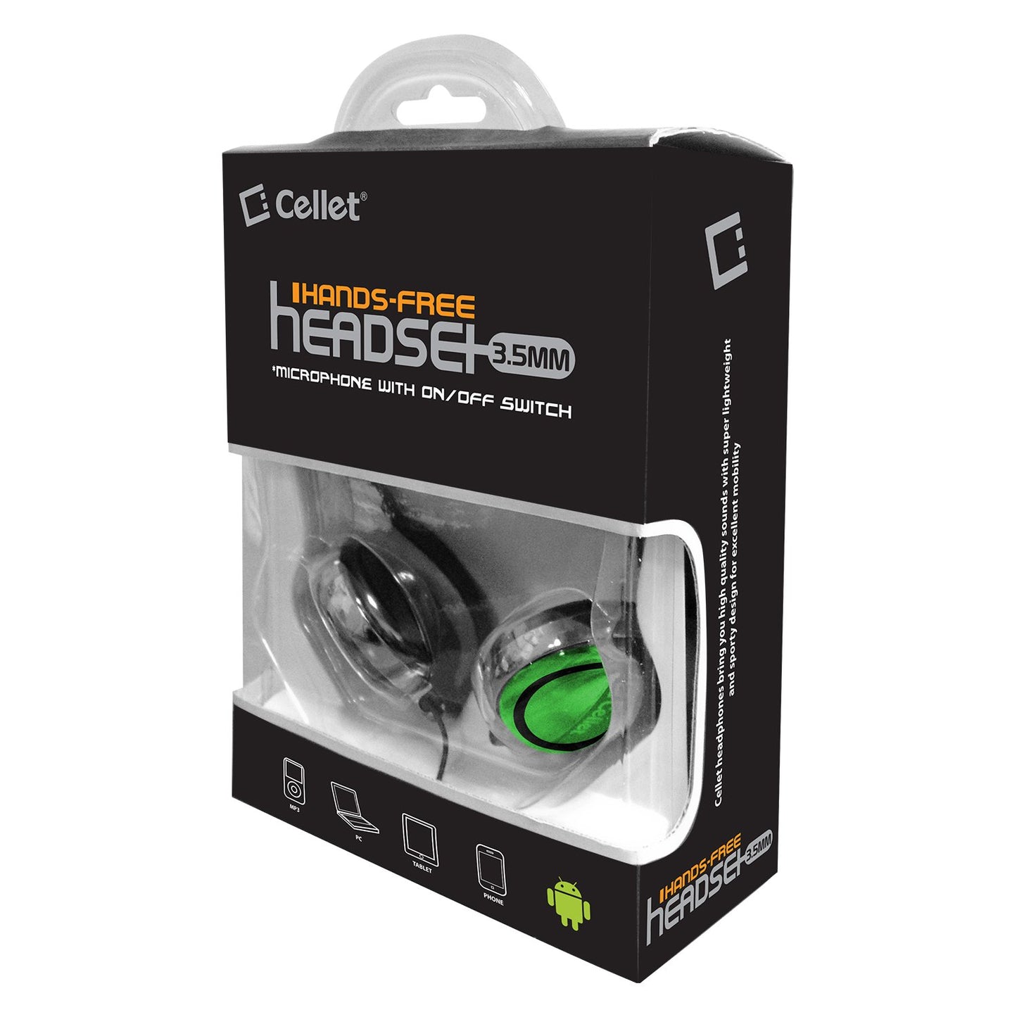 EP3560GR - Cellet Green 3.5mm Stereo Neckband Earhook Hands Free Headset with Microphone (on & off switch)