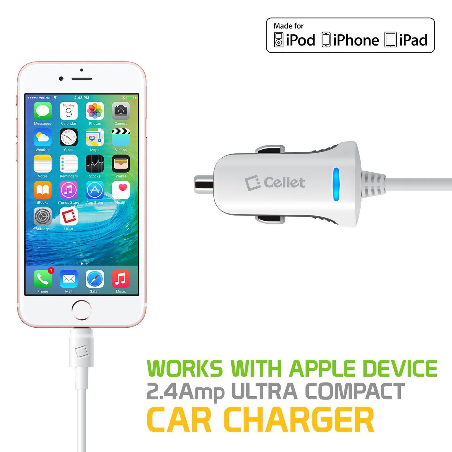 PAPP5GWB- MFI Certified Lightning Car Charger 2.4 Amp - 4Ft -White