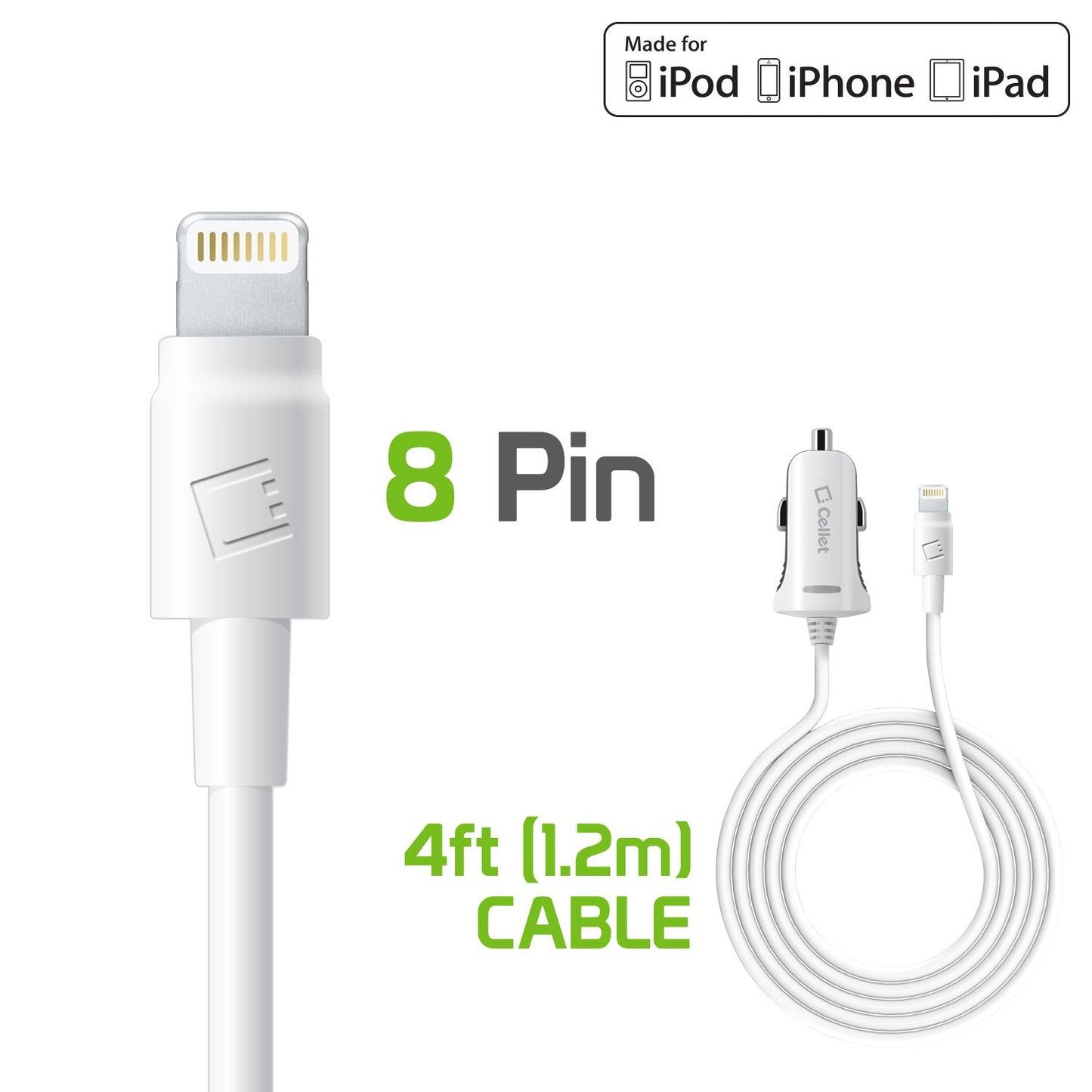 PAPP5GWB- MFI Certified Lightning Car Charger 2.4 Amp - 4Ft -White
