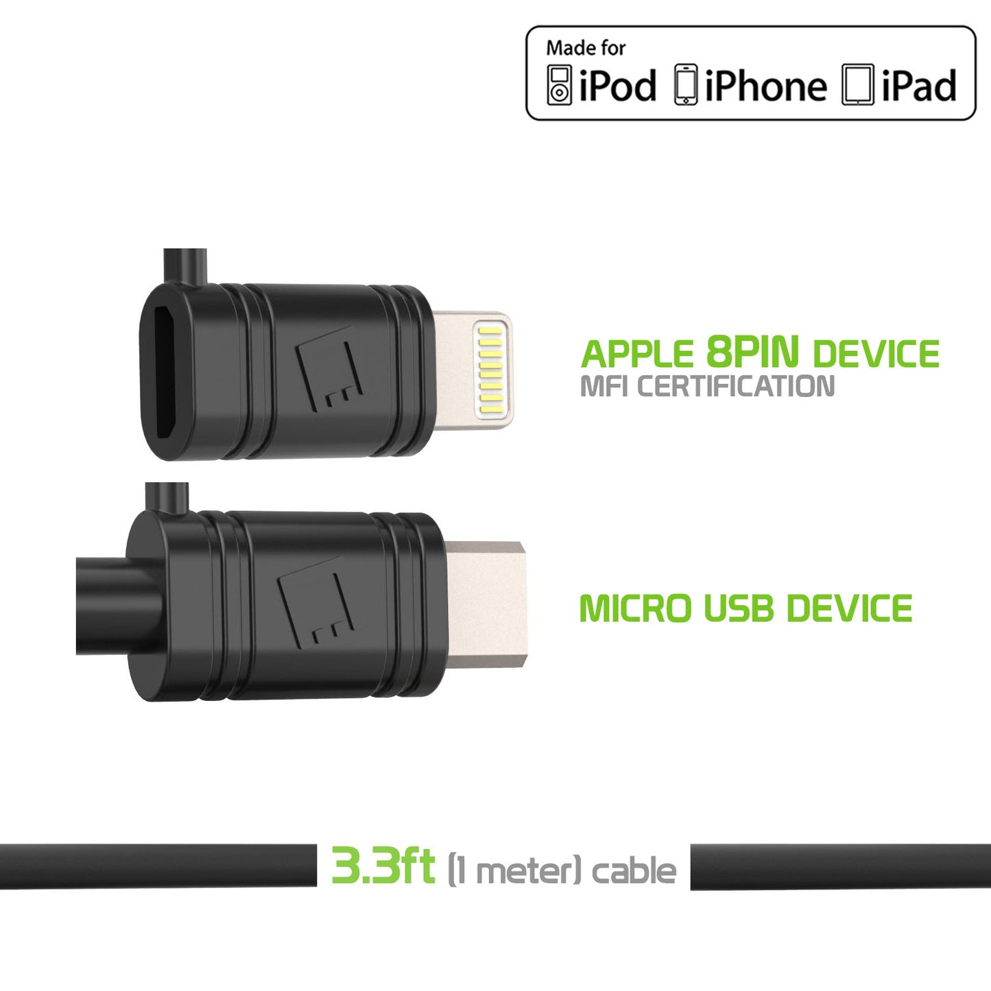 DAAPP5TK - Cellet 2-in-1 Charging & Data Sync Cable – 3.3FT Micro USB & Apple Lightning Connector – MFi Certified for iPhone, iPad, iPod & Android Devices