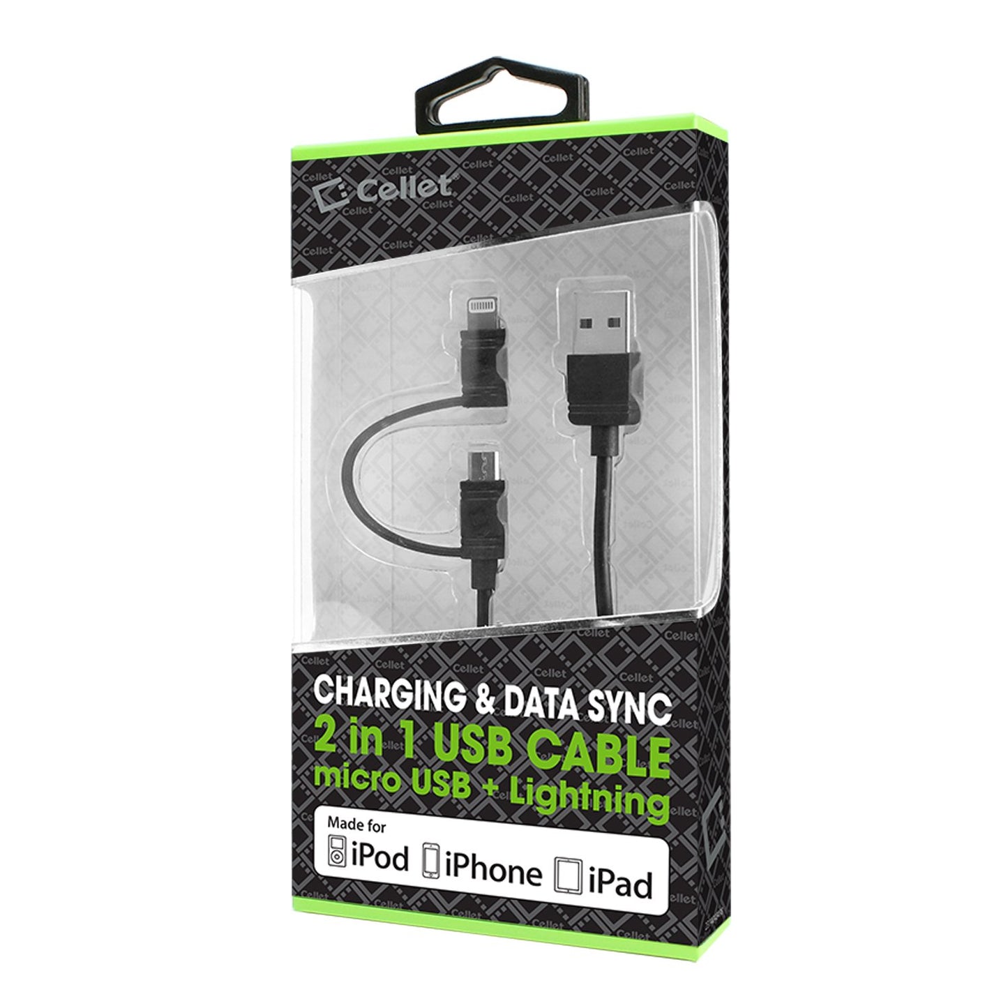 DAAPP5TK - Cellet 2 in 1 Micro USB + Lightning (Licensed by Apple, MFI Certified) Charging / Data Sync Cable - Black