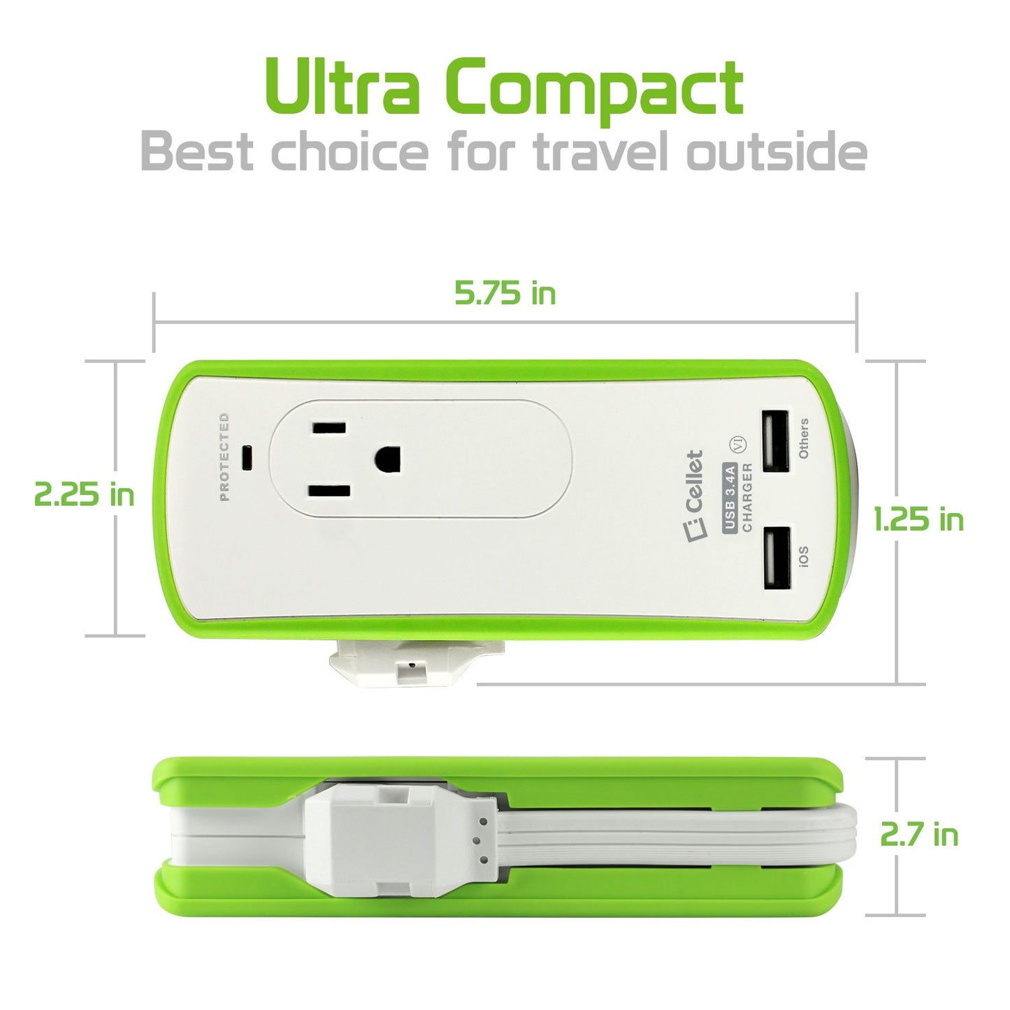 TP565 - Cellet Compact 2 Outlet Surge Protector + Dual optimized for iPhone USB Ports, 3.4Amp high power output Travel Charger (DOE6 and UL Certified)