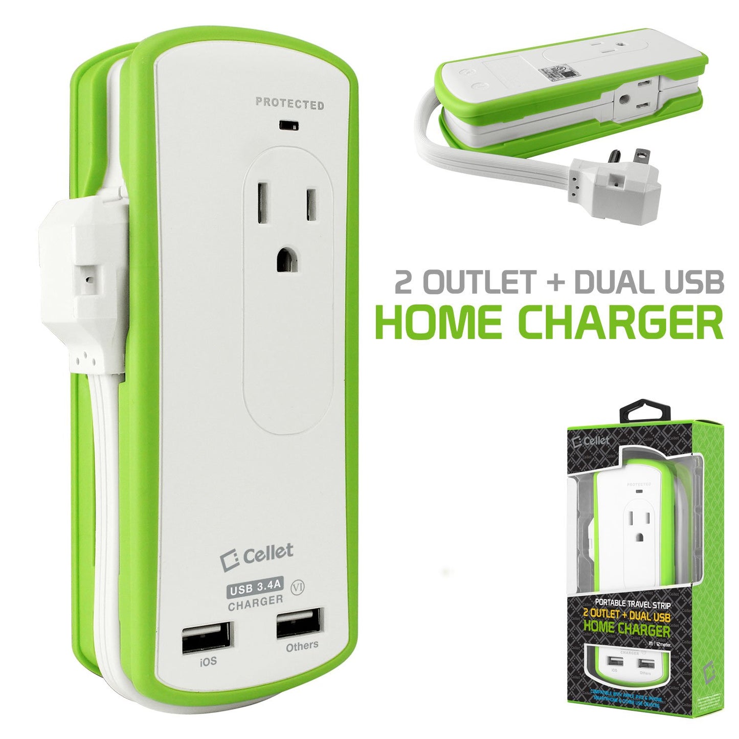 TP565 - Cellet Compact 2 Outlet Surge Protector + Dual optimized for iPhone USB Ports, 3.4Amp high power output Travel Charger (DOE6 and UL Certified)