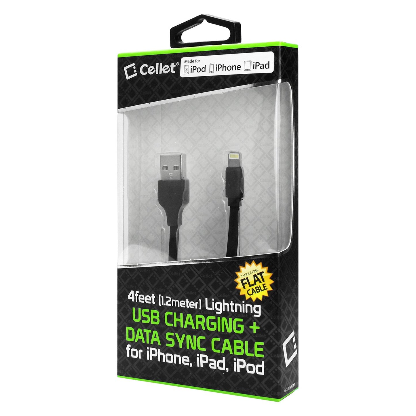 DAAPP5TFBK - Cellet 4 Ft. Anti-Tangle Lightning 8 Pin Flat Wire Charging Data Sync Cable (Apple MFI Certified) - Black