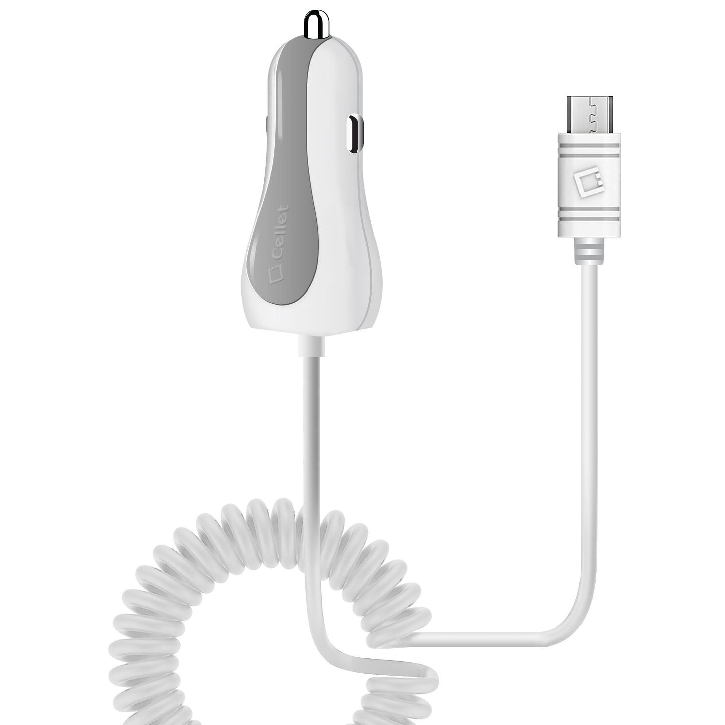 PMICUM21WT - Cellet High Powered 12 Watt (2.4 Amp) Micro USB Car Charger with Extra USB Port and Coiled cable - White