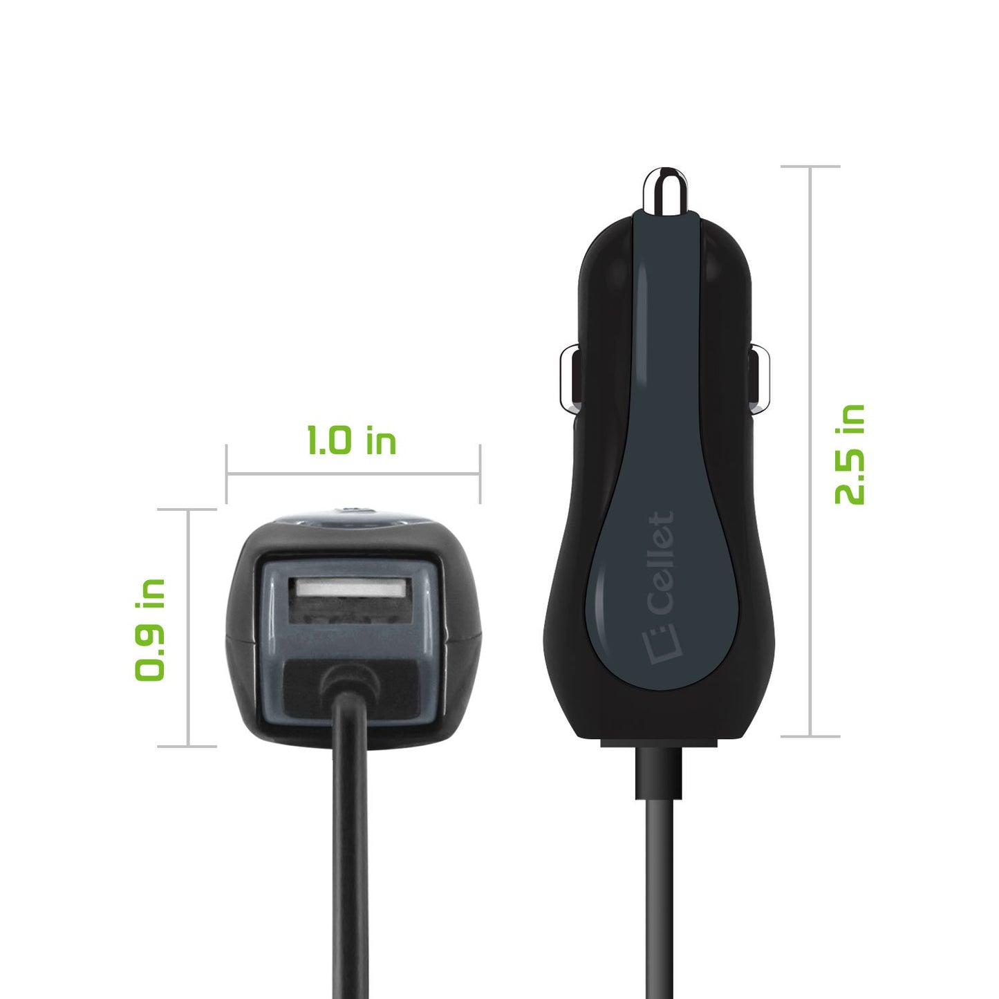 PMICUM21WT - Cellet High Powered 12 Watt (2.4 Amp) Micro USB Car Charger with Extra USB Port and Coiled cable - White