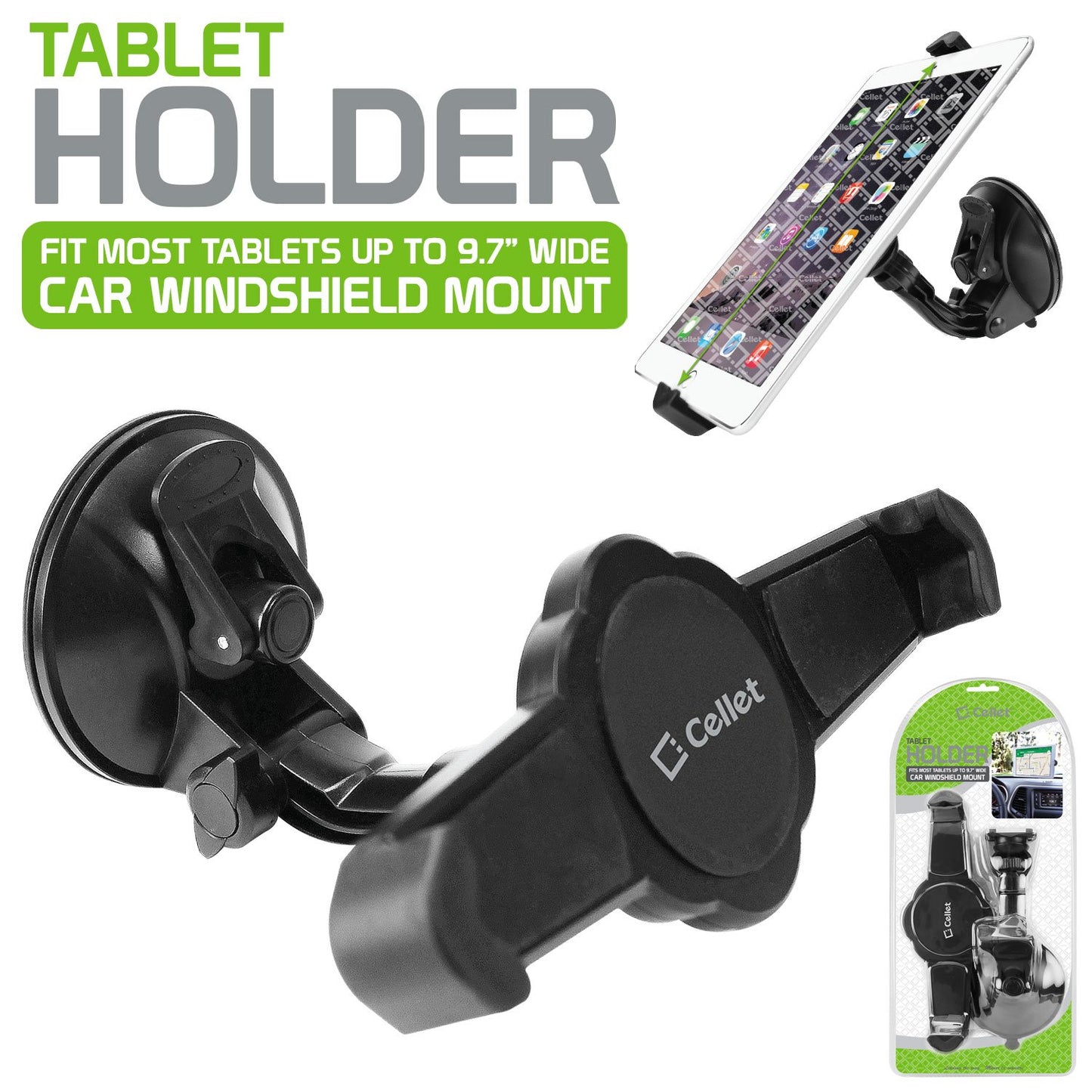 PHTABCN -Windshield Tablet Car Mount Holder with Large Suction Cup, Holds Tablets up to 9.7" Width