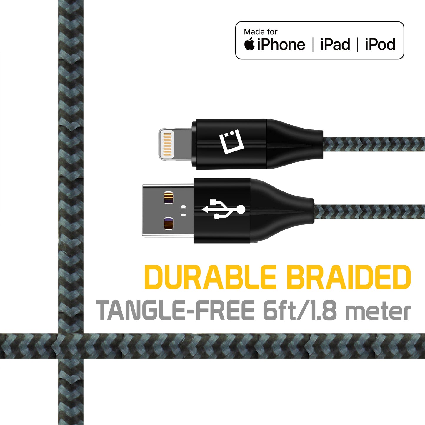 DAP8BRBK - Durable Lightning USB 8 Pin Apple MFI Certified Data Sync & Charge Cable, 6ft. - Black