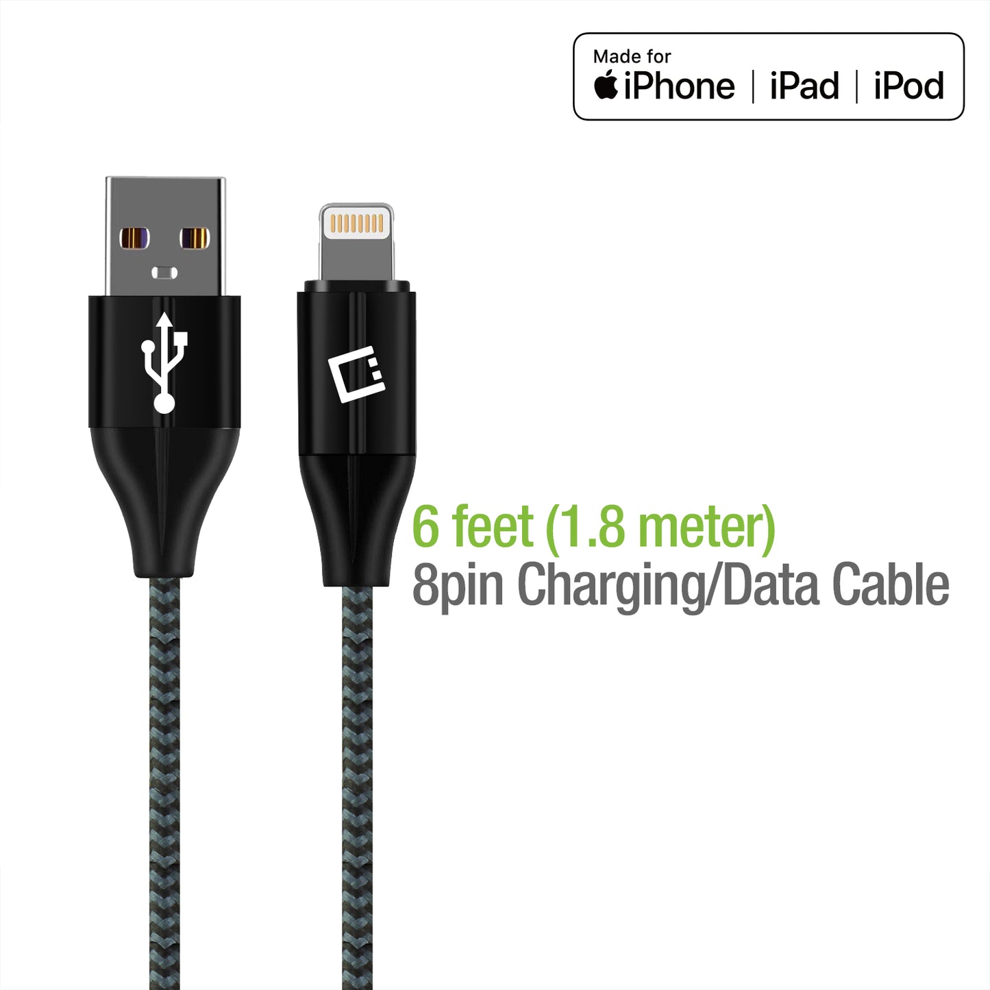 DAP8BRBK - Durable Lightning USB 8 Pin Apple MFI Certified Data Sync & Charge Cable, 6ft. - Black