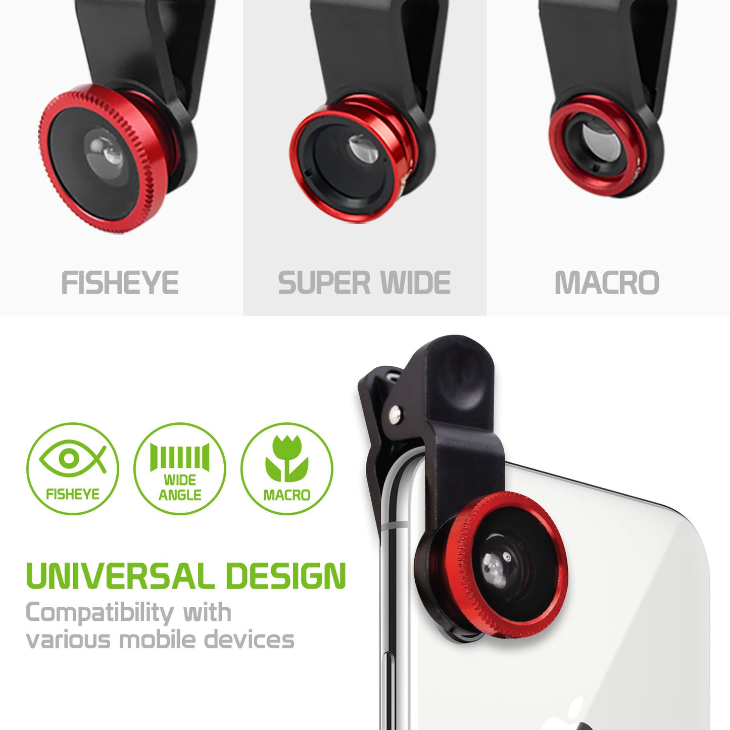 Universal 3-in-1 Fisheye / Wide Angle / Macro Clip-on Camera Lens Kit