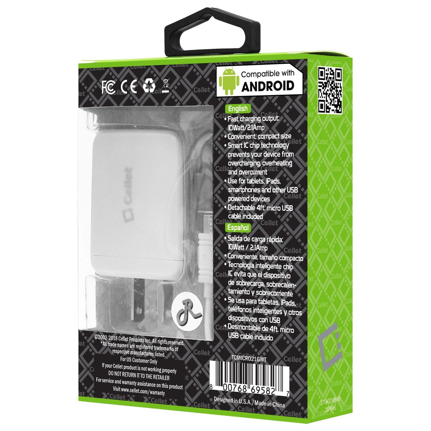 TCMICRO21GWT - Cellet Hi-Powered 10W / 2.1 Amp Home Charger (Micro USB cable included) - White