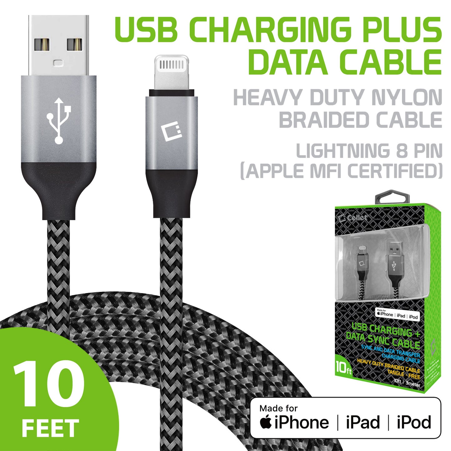 DA8T10BRBK - Cellet Lightning 8 Pin (Apple MFI Certified) 10 ft. (3m) Heavy Duty Nylon Braided USB Charging plus Data Sync Cable - Black