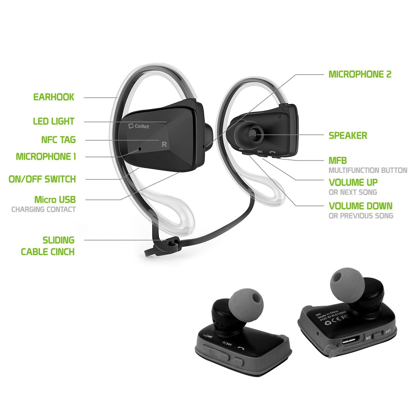 BTACTIVEBK - Cellet Sports-Fit Wireless Version V4.1 Stereo Headset with NFC Connection - Black