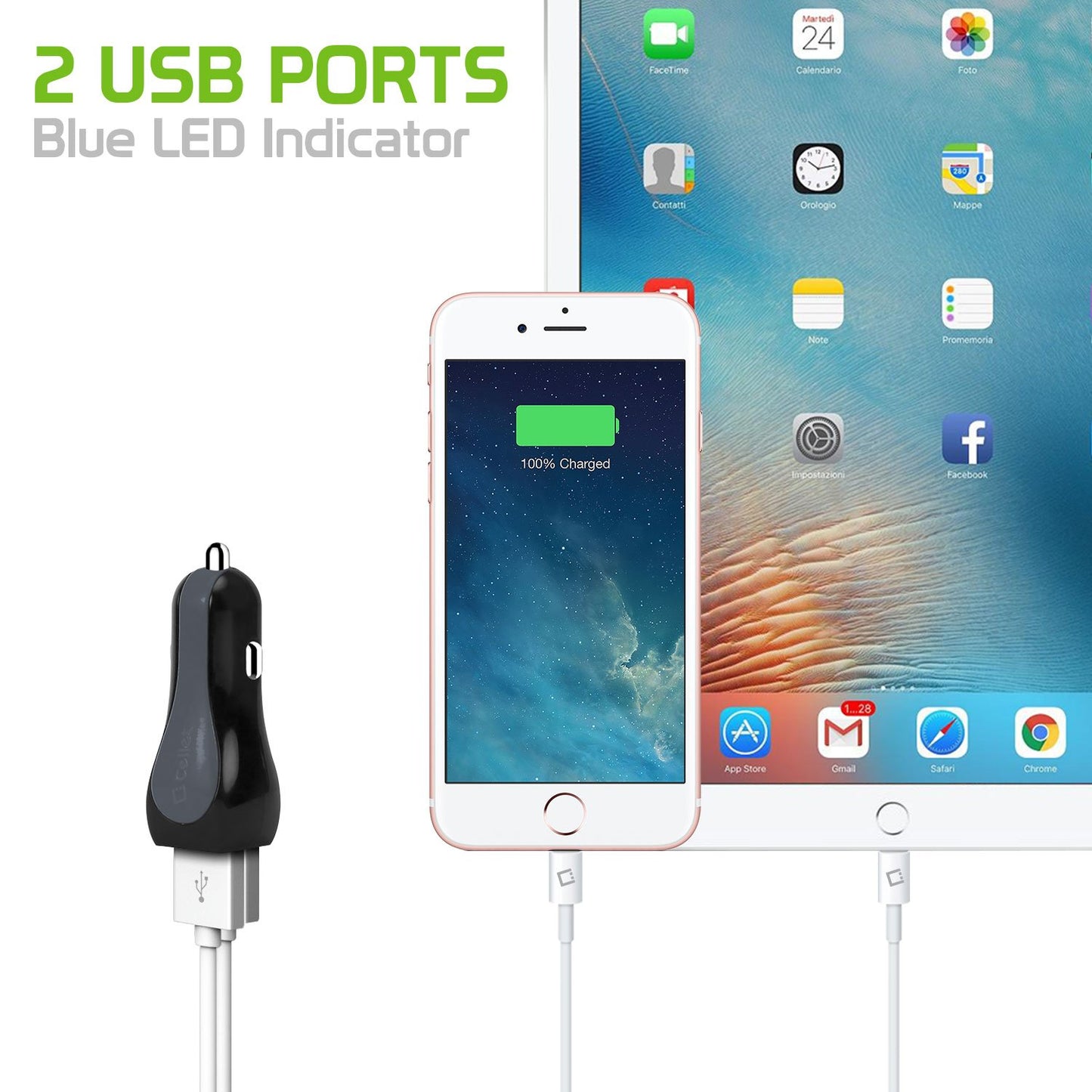 PUSBE21GR - Cellet Prism RapidCharge 12W 2.4A Dual USB Car Charger for Android and Apple Devices - Green