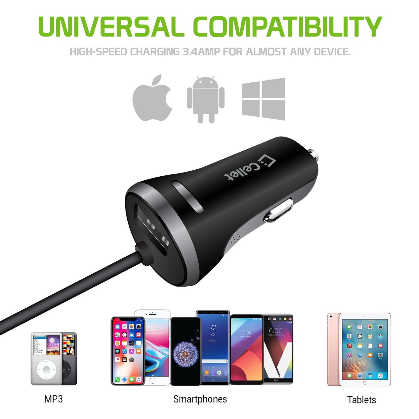 PAPP8H34BK - MFI Certified Lightning Car Charger 3.4 Amp with USB Port