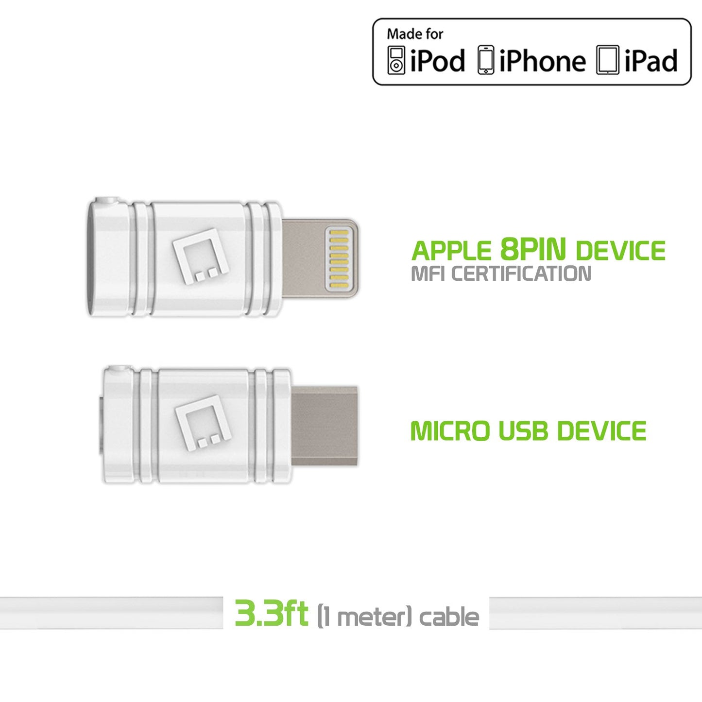 DAAPP5TKWT - Cellet 2 in 1 Micro USB + Lightning (Licensed by Apple, MFI Certified) Charging/Data Sync Cable - White