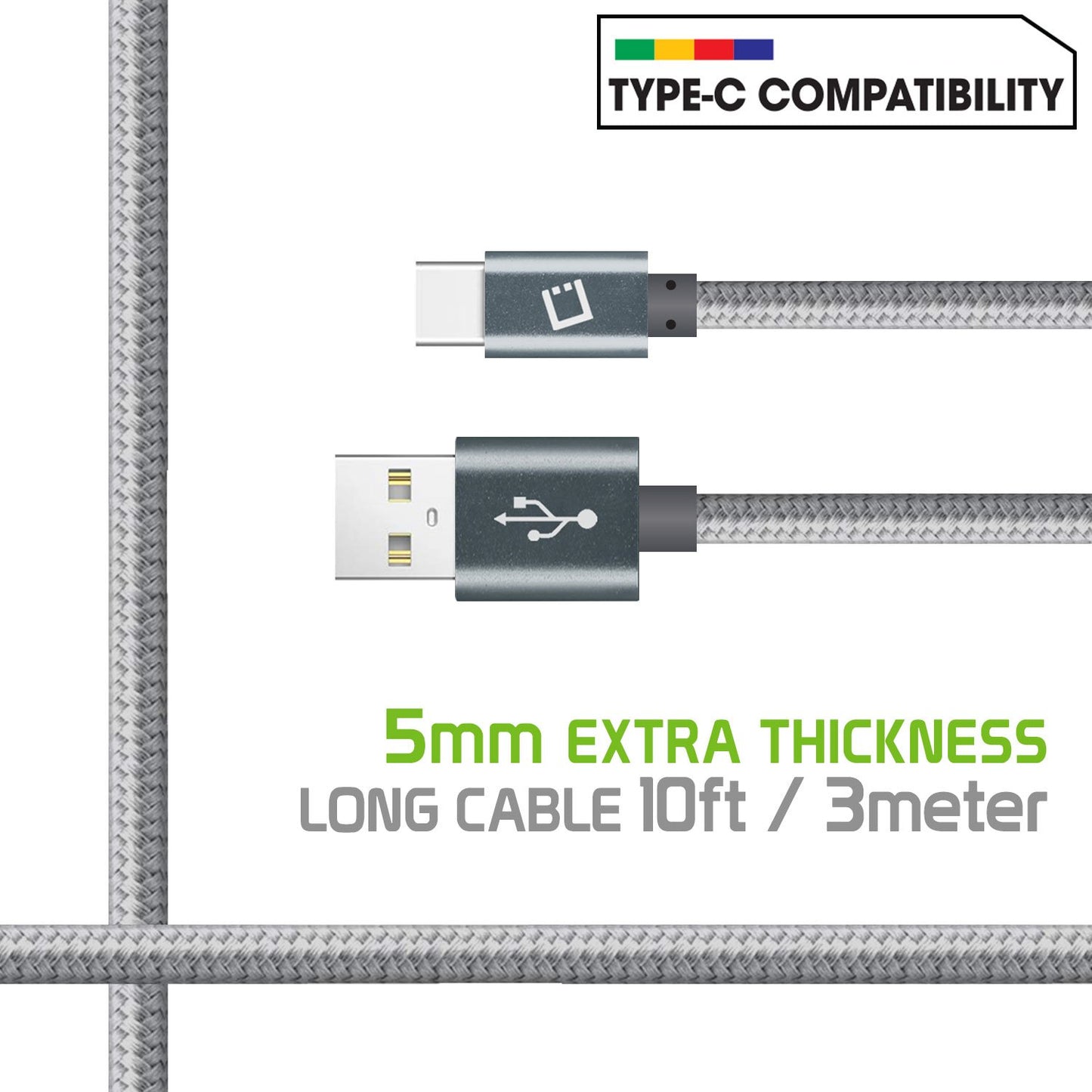 DCA1020GY - Type-C Cable, Cellet 10ft (3m) Heavy Duty Nylon Braided USB-A to USB-C for HTC 10, LG G5, Nexus 5X/6P, LG V20, Samsung Galaxy Note 7- Gray