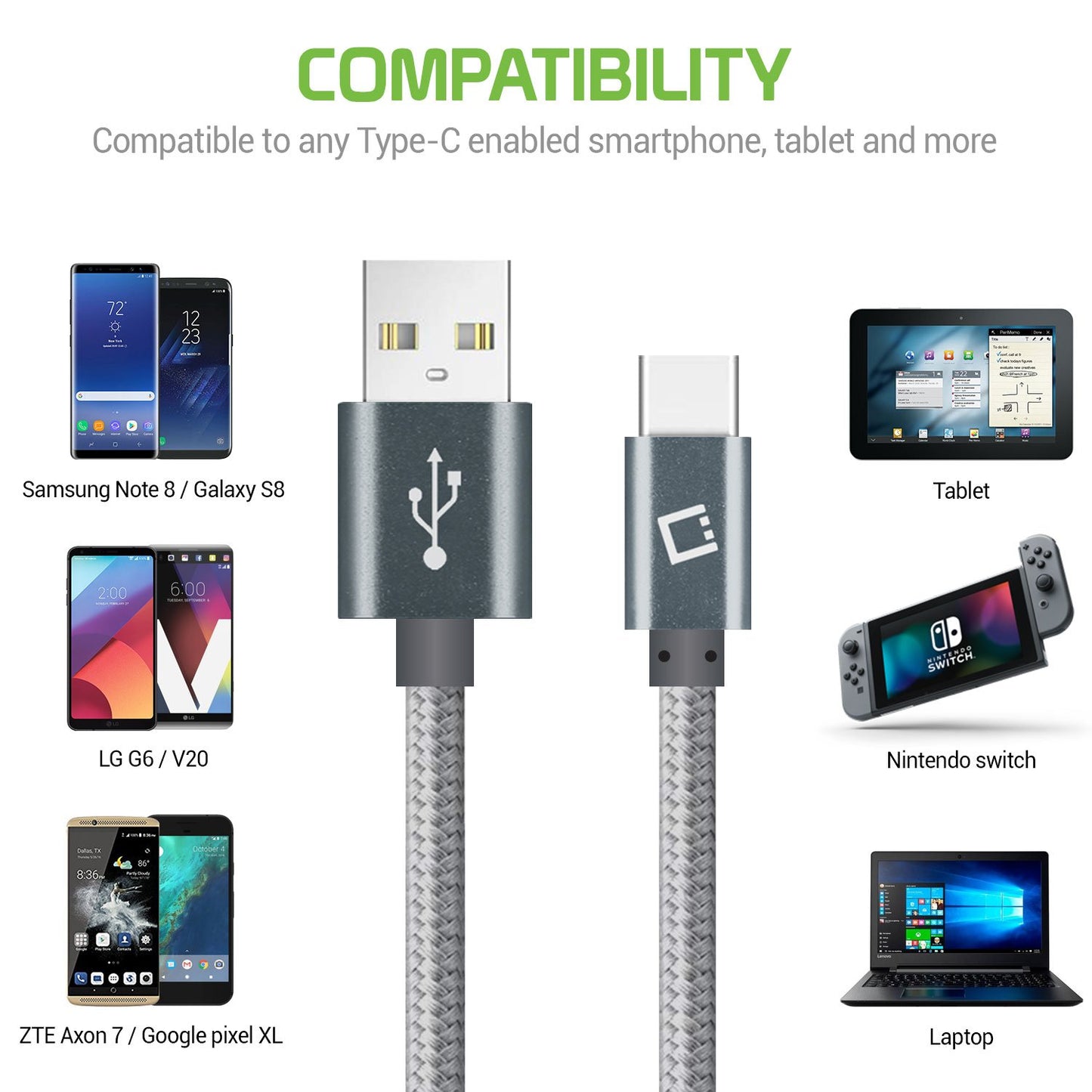 DCA1020GY - Type-C Cable, Cellet 10ft (3m) Heavy Duty Nylon Braided USB-A to USB-C for HTC 10, LG G5, Nexus 5X/6P, LG V20, Samsung Galaxy Note 7- Gray