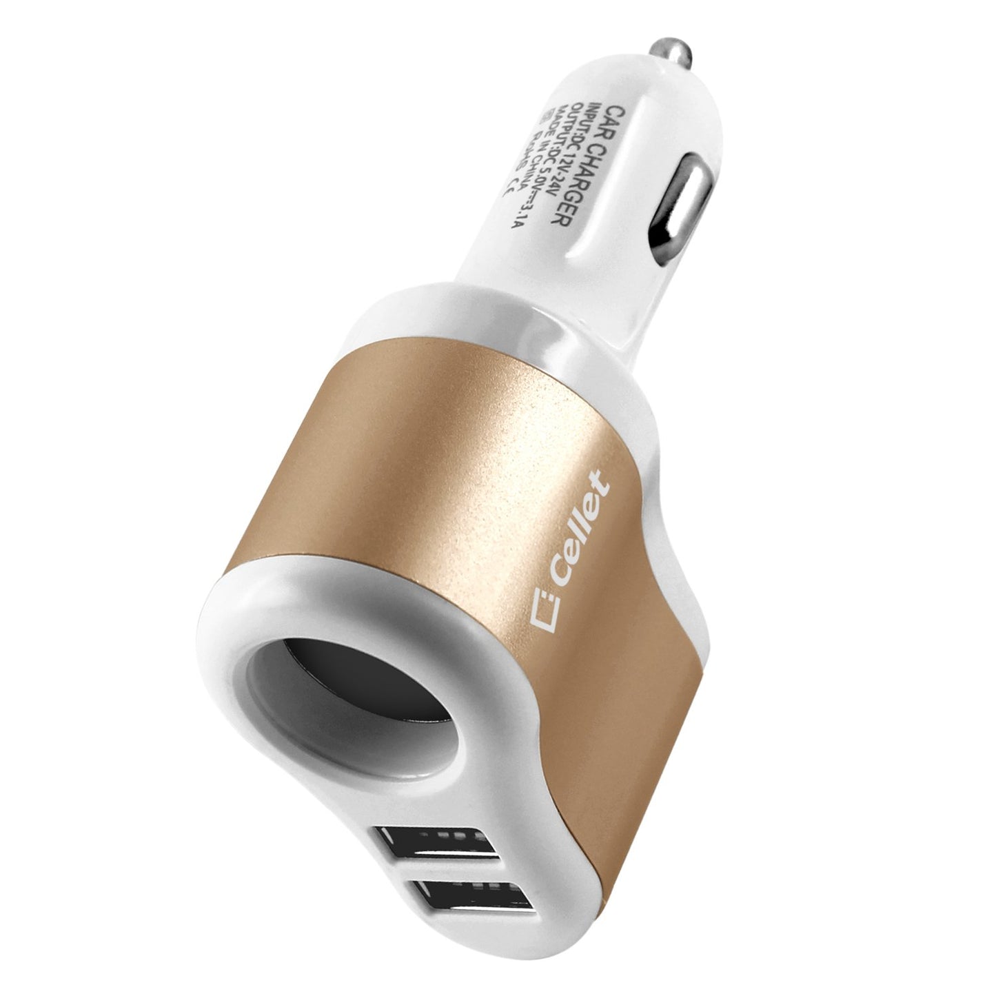 PUSBDC3AWT - Cellet 3 in 1 Car Charger with 2 USB Ports and 1 Car Socket Lighter Adapter - White/Gold