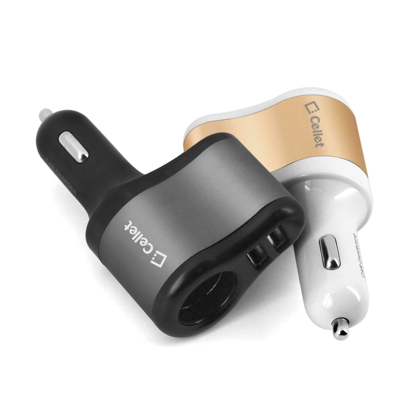 PUSBDC3AWT - Cellet 3 in 1 Car Charger with 2 USB Ports and 1 Car Socket Lighter Adapter - White/Gold