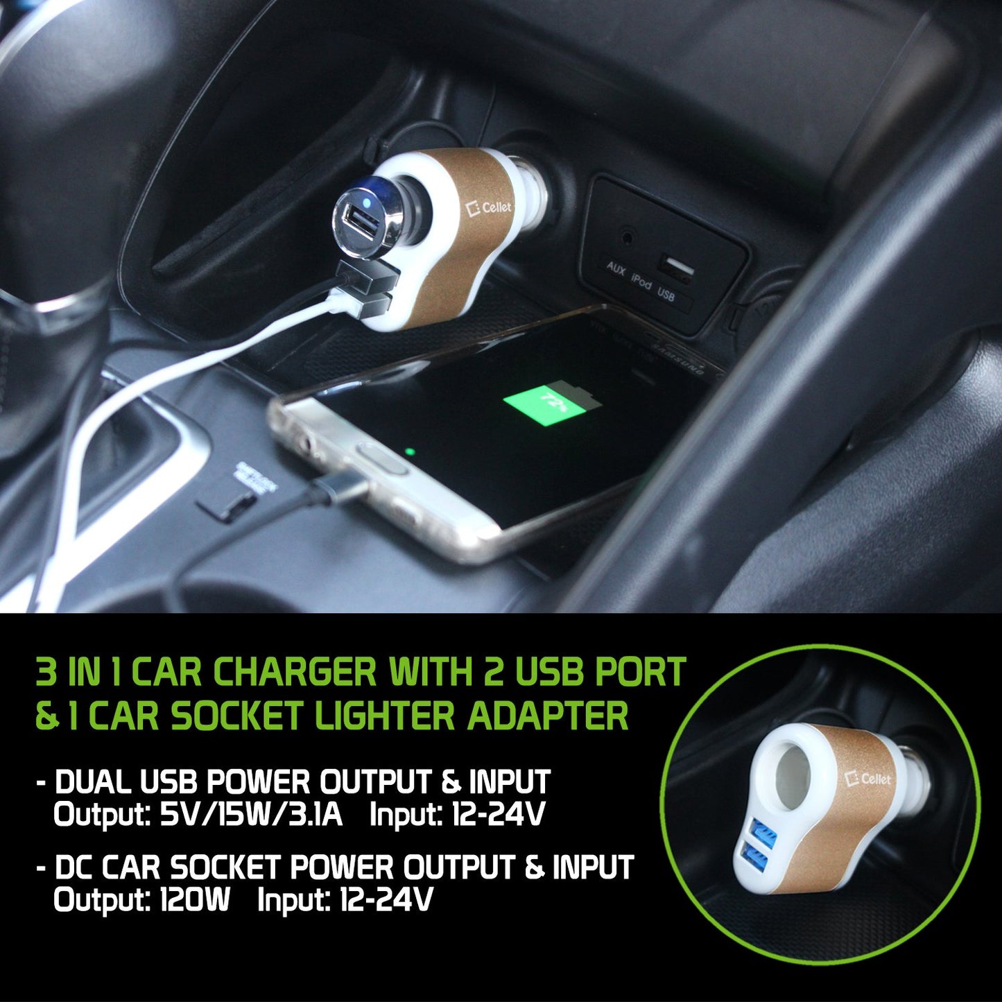 PUSBDC3AWT - Cellet 3 in 1 Car Charger with 2 USB Ports and 1 Car Socket Lighter Adapter - White/Gold