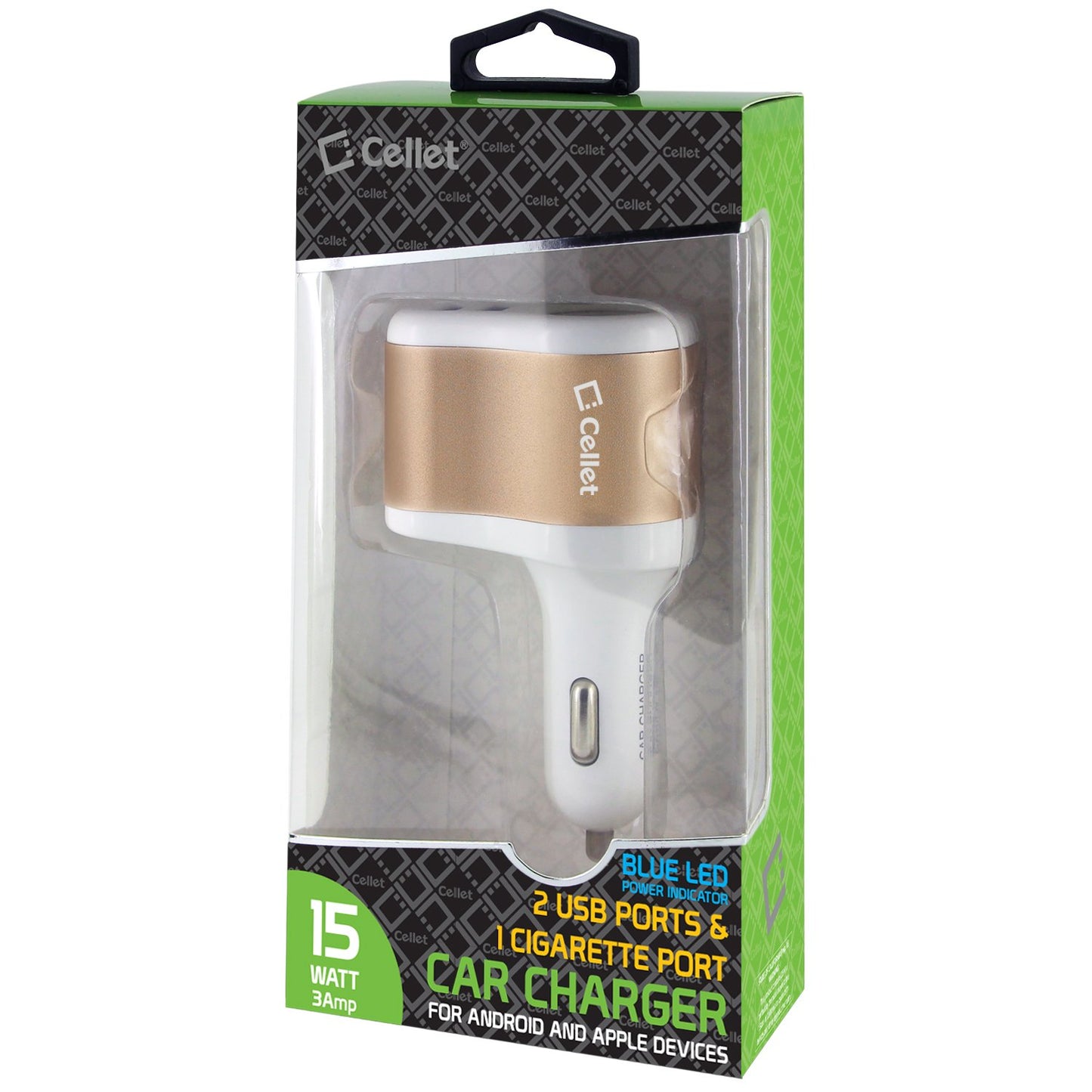 PUSBDC3AWT - Cellet 3 in 1 Car Charger with 2 USB Ports and 1 Car Socket Lighter Adapter - White/Gold