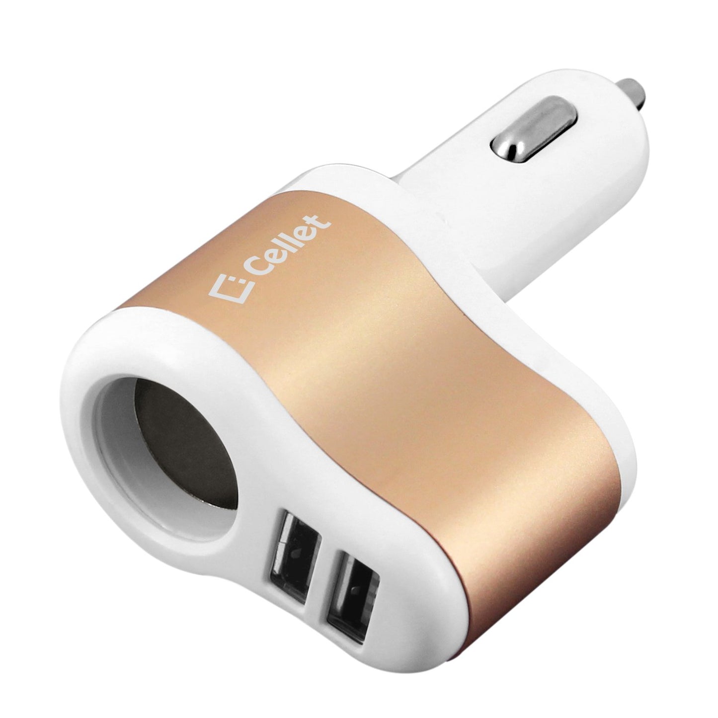 PUSBDC3AWT - Cellet 3 in 1 Car Charger with 2 USB Ports and 1 Car Socket Lighter Adapter - White/Gold