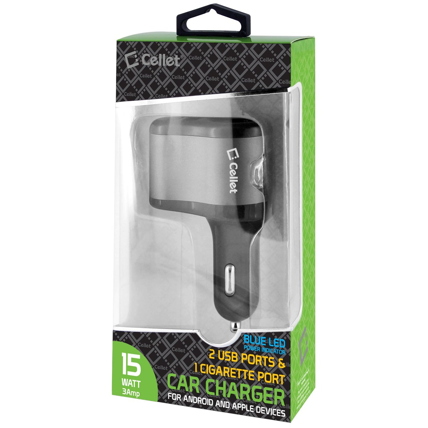 PUSBDC3ABK - Cellet 3 in 1 Car Charger with 2 USB Ports and 1 Car Socket Lighter Adapter - Black/Space Gray