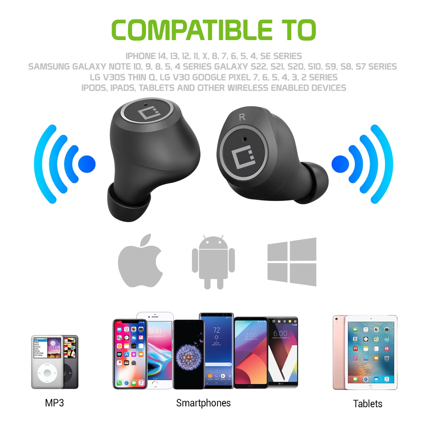 Cellet Wireless Earbuds, with Charging case, with USB-C Charging - Black