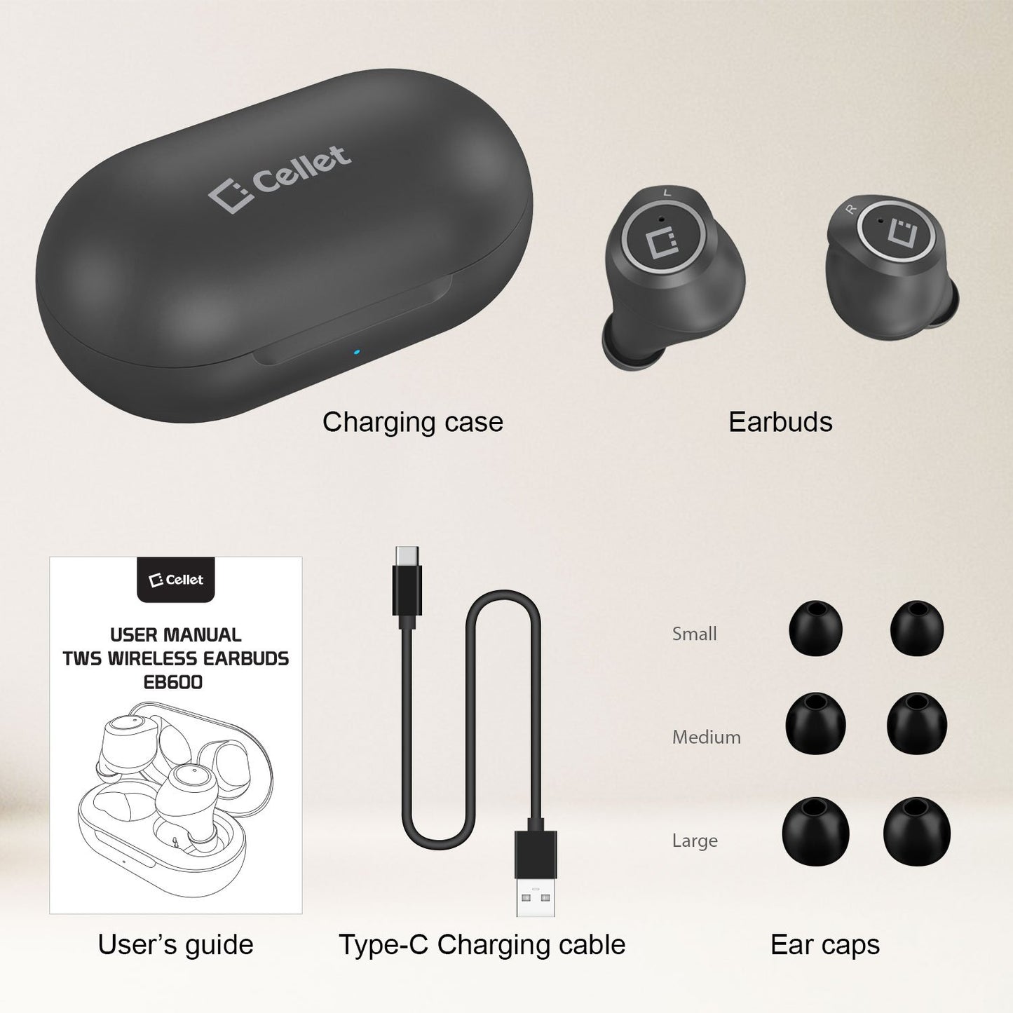 Cellet Wireless Earbuds, with Charging case, with USB-C Charging - Black