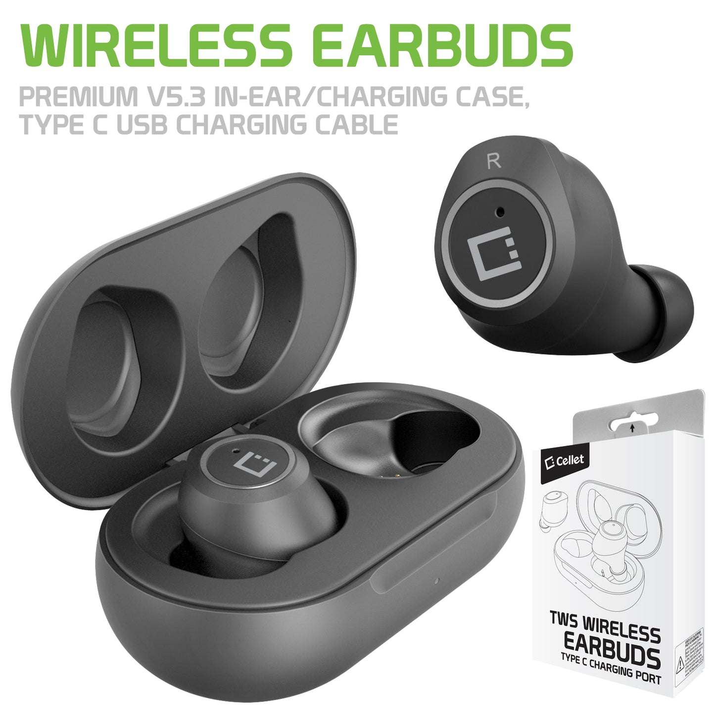 Cellet Wireless Earbuds, with Charging case, with USB-C Charging  Compatible to Bluetooth Wireless Enabled Devices - Black