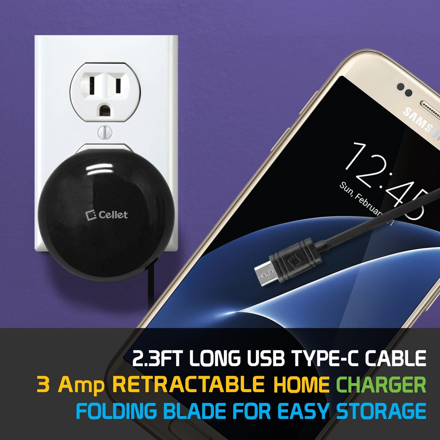 TCMICROR24 - Cellet High Powered 2.4A/12W Retractable Micro USB Home Charger for Android Devices