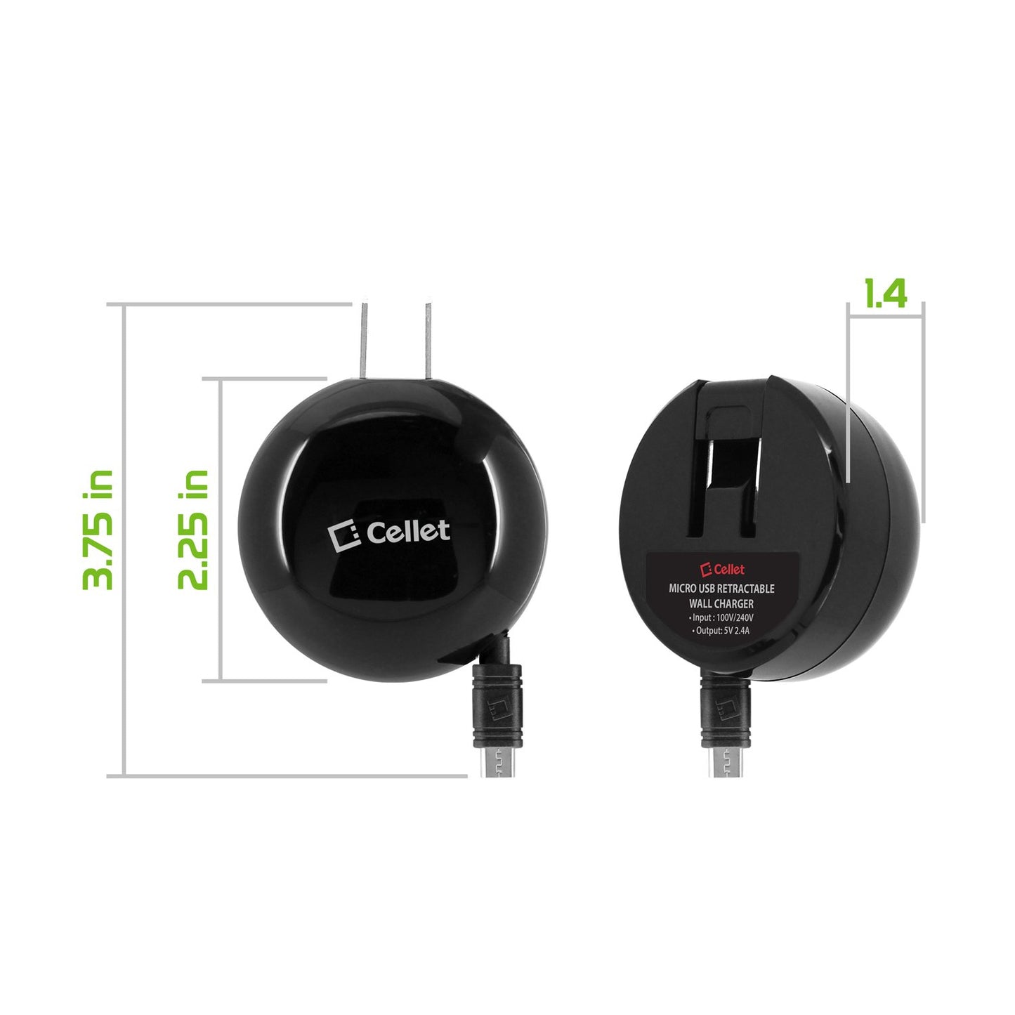 TCMICROR24 - Cellet High Powered 2.4A/12W Retractable Micro USB Home Charger for Android Devices