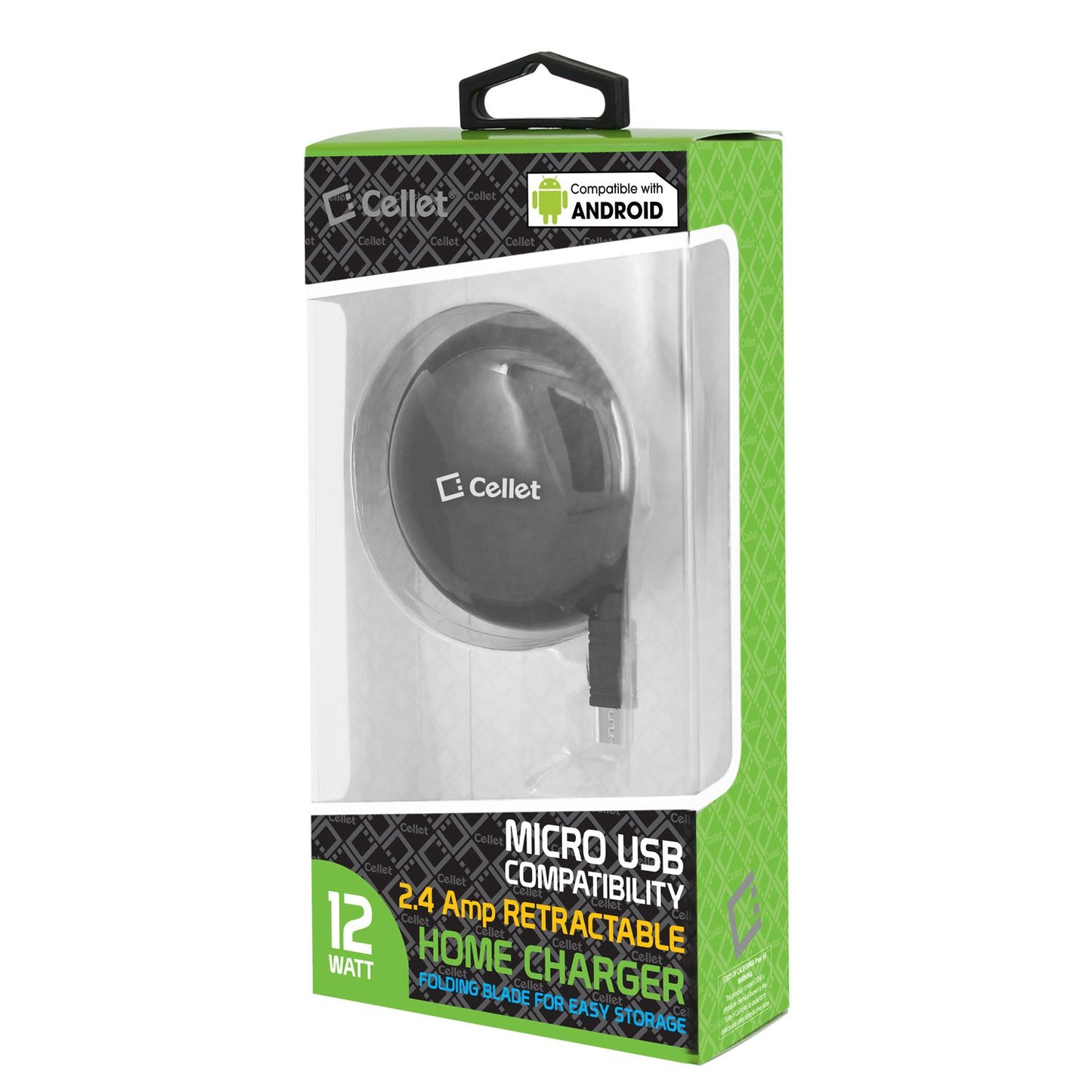 TCMICROR24 - Cellet High Powered 2.4A/12W Retractable Micro USB Home Charger for Android Devices